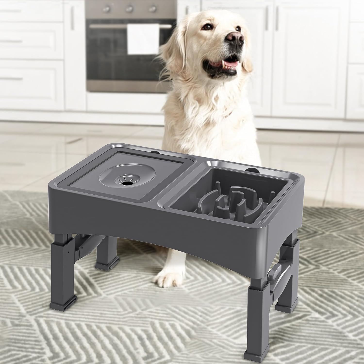 UPSKY 2-in-1 Elevated Slow Feeder Dog Bowls with Stand - 4 Height Adjustable Raised No Spill Dog Food & Water Bowl Dispenser - Anti-Slip Pet Bowls for Small & Medium Dogs (Black) - Perfect for Mealtime & Travel Use
