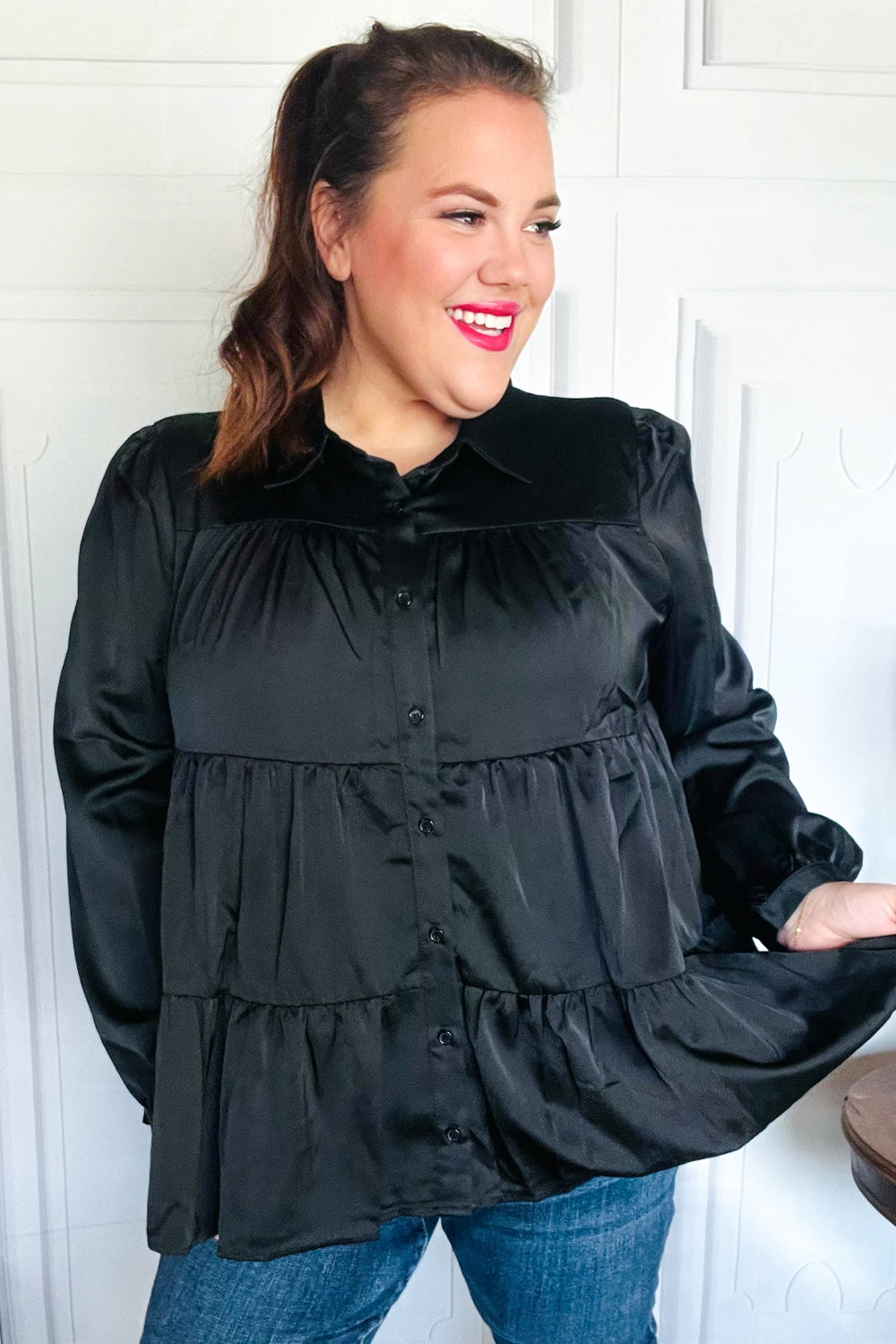 Perfectly You Black Button Down Tiered Babydoll Satin Top for Women | Elegant Sleeveless Blouse for Party, Date Night & Special Occasions