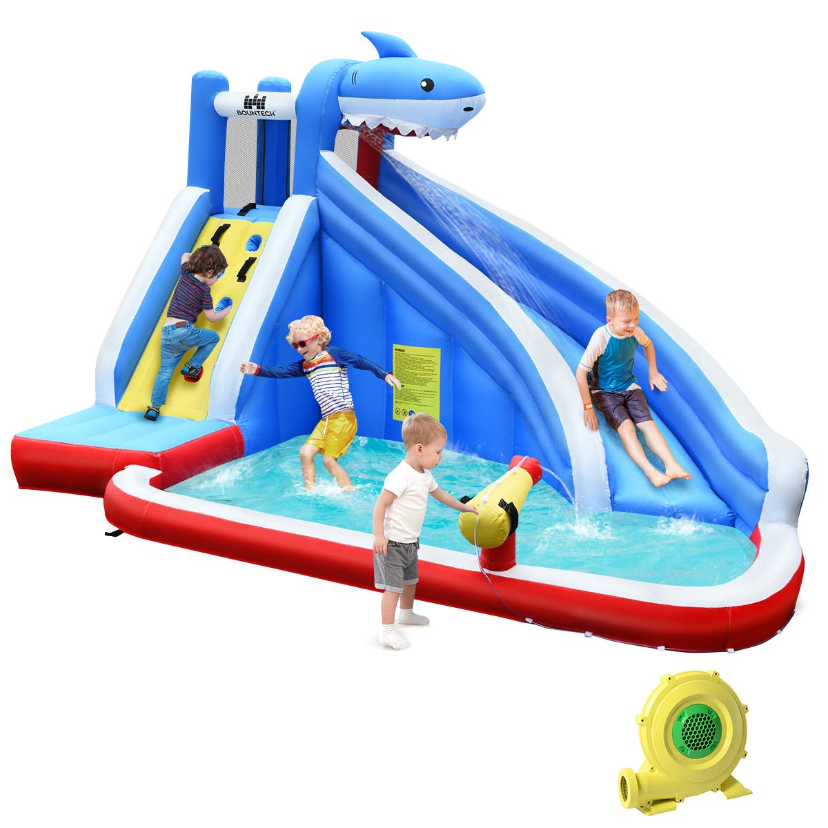 BOUNTECH Inflatable Shark Water Slide for Kids - 15ft Long Backyard Water Park with Climbing Wall, Splash Pool & Water Cannon | Includes 750W Blower | Perfect for Summer Parties, Birthdays & Outdoor Play | Indoor/Outdoor Use