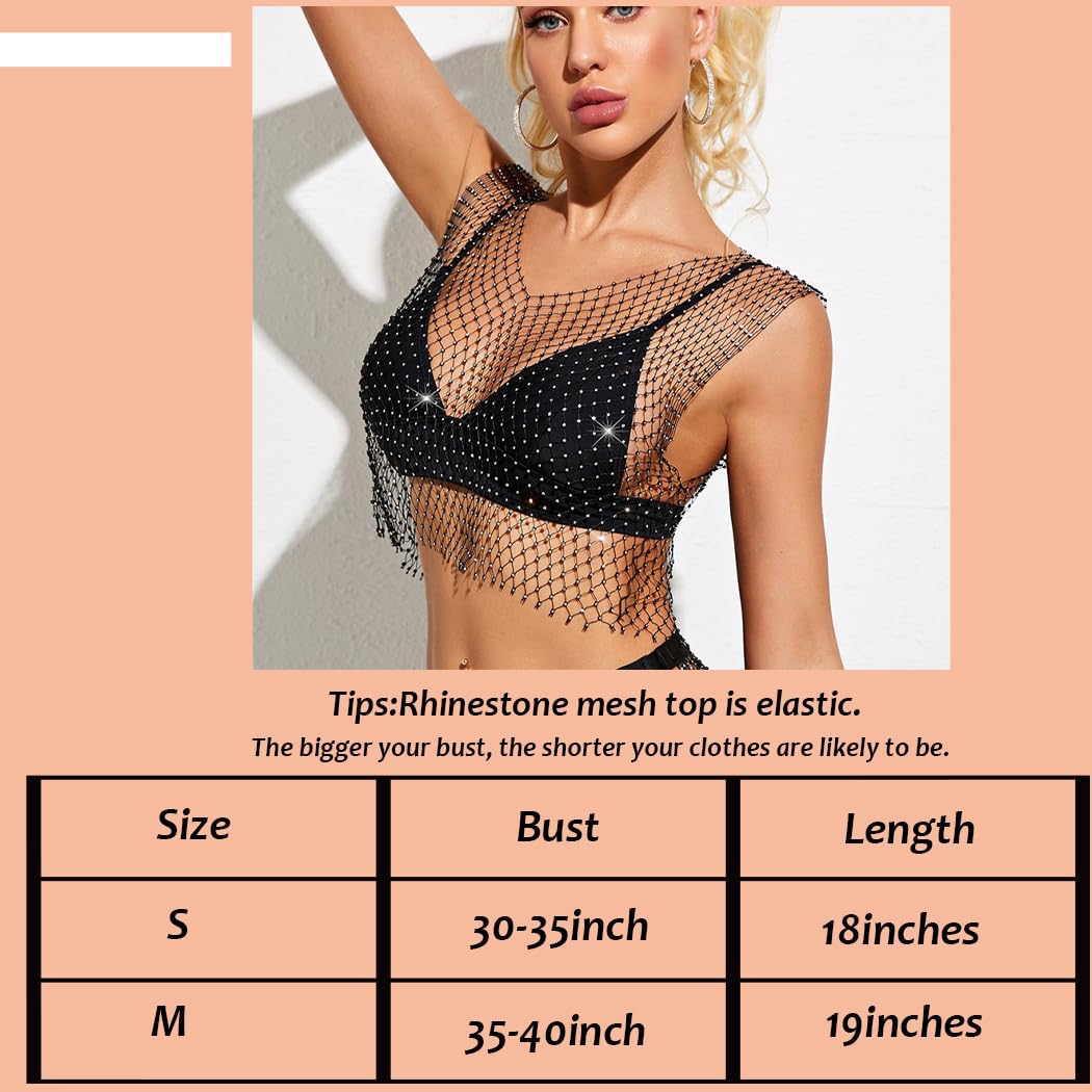 Wriidy Mesh Tank Top - White Crystal Diamond See-Through Crop Top with Sparkly Rhinestone Body Chain, Black & White Women's Fashion Jewelry for Parties, Nightlife & Special Occasions