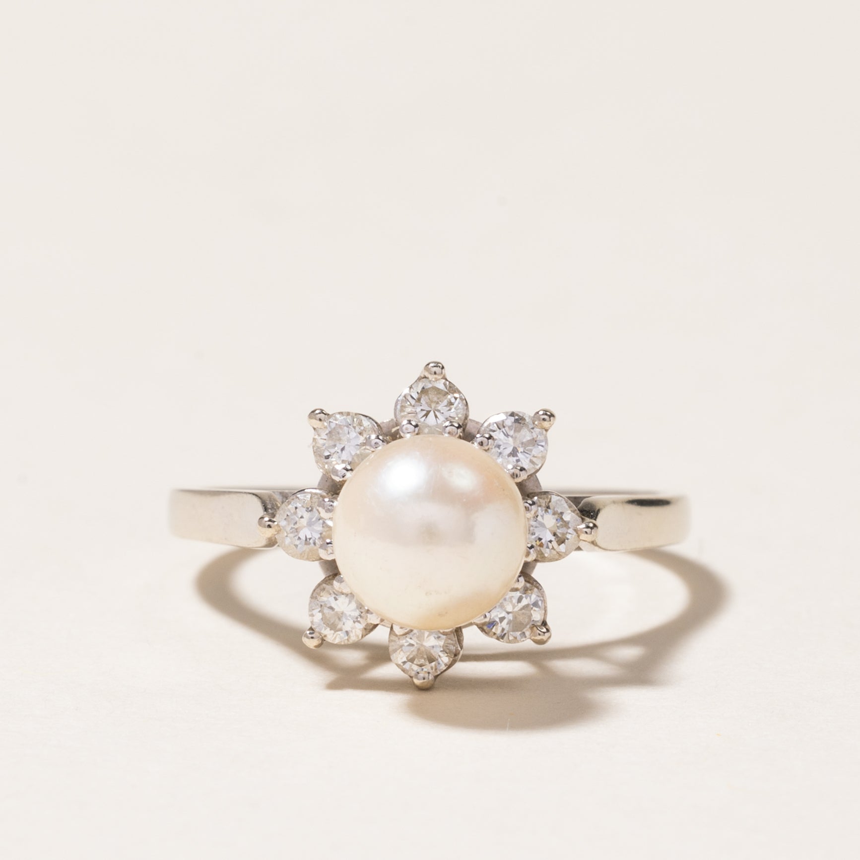 Birks Pearl & Diamond Petal Halo Ring - 6.60mm, 0.24ctw, Size 6 | Elegant Bridal Jewelry for Weddings & Anniversaries