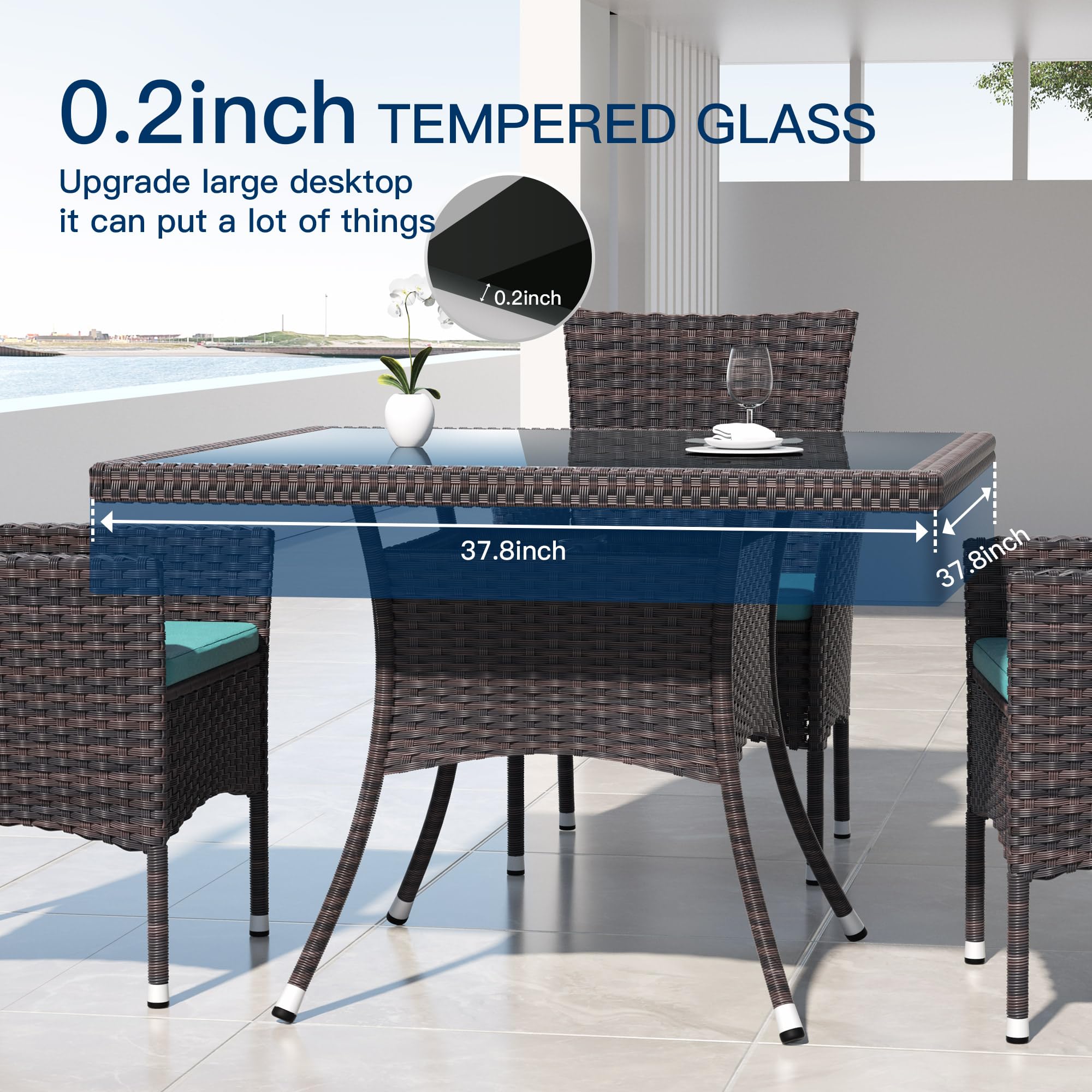 Kullavik 5-Piece Outdoor Dining Set - Patio Rattan Furniture with 4 Chairs & Cushions, Square Glass Tabletop with Umbrella Hole - Perfect for Patio, Backyard, Garden, Poolside & Outdoor Entertaining - Blue