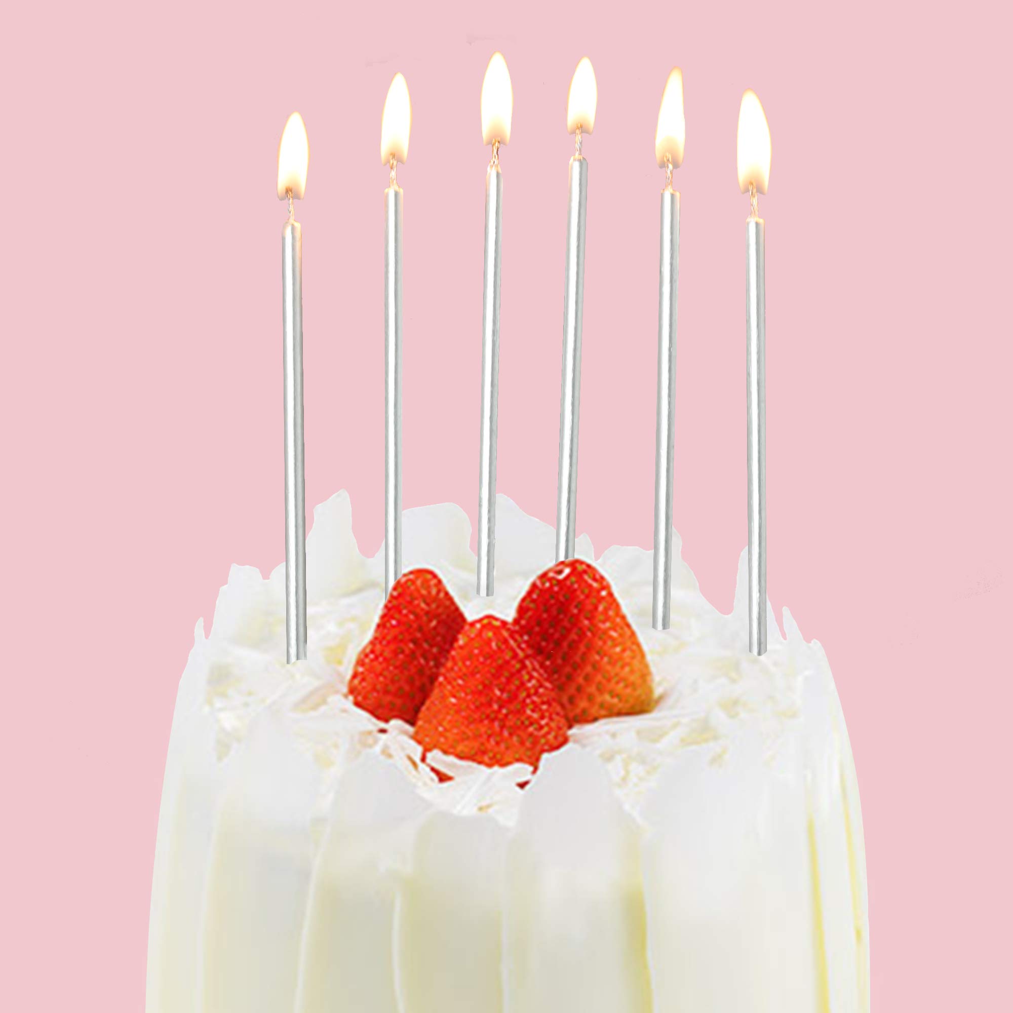 24-Pack Silver Metallic Long Thin Cake Candles with Holders - Elegant Cupcake & Wedding Cake Decorations for Birthdays, Parties & Special Celebrations