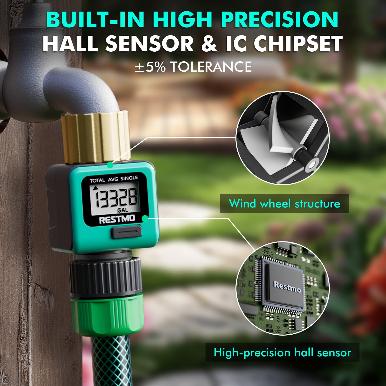 RESTMO Brass Water Flow Meter with Metal Thread - Accurate Gallon/Liter Measurement for Garden Hose, RV Tank & Lawn Sprinklers | Perfect for Outdoor Watering, Irrigation Systems & RV Water Management