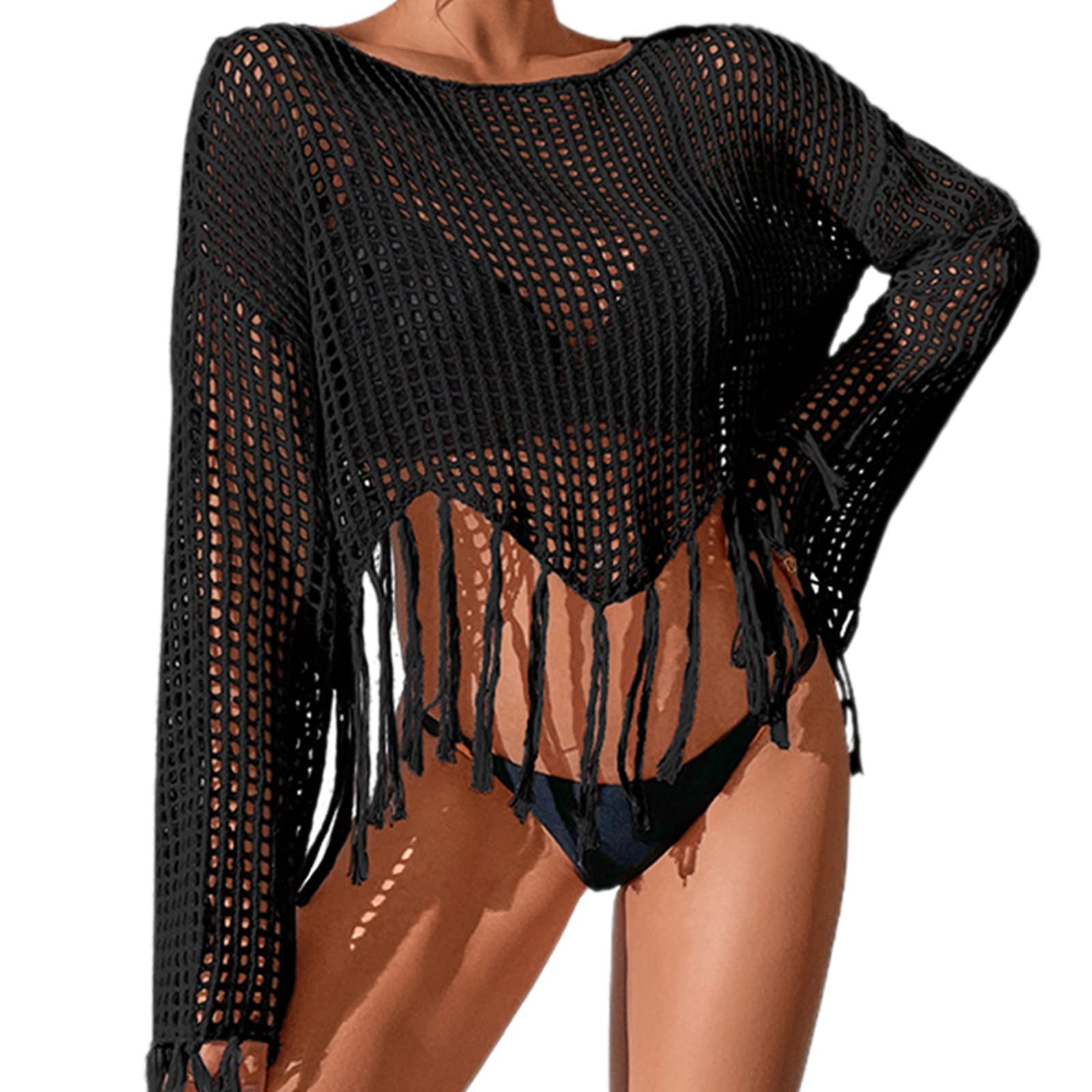 Women's Crochet Hollow Out Long Sleeve Beach Cover Up - Breezy Summer Swimwear with Tassel Details for Poolside & Beach Days | Boho Chic Swim Coverup Tops for Vacation & Resort Wear
