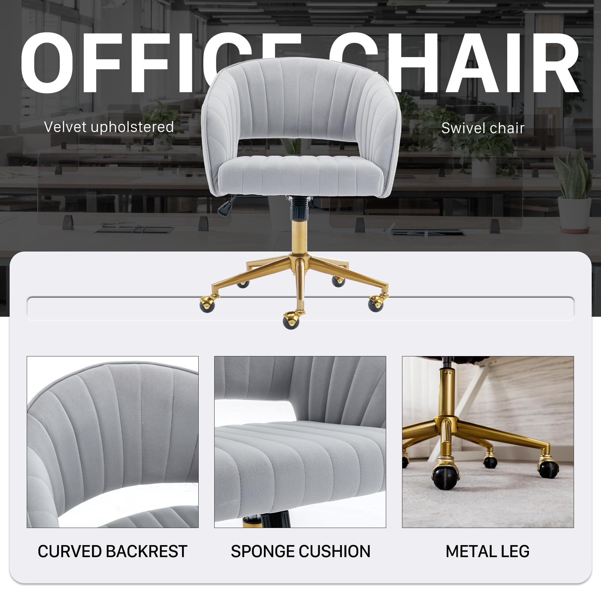 Ergonomic Velvet Swivel Office Chair with Gold Base - Modern Tufted Upholstered Desk Chair for Women, Girls, Home & Study - Comfortable Computer Task Stool for Living Room, Bedroom & Home Office (Light Gray)