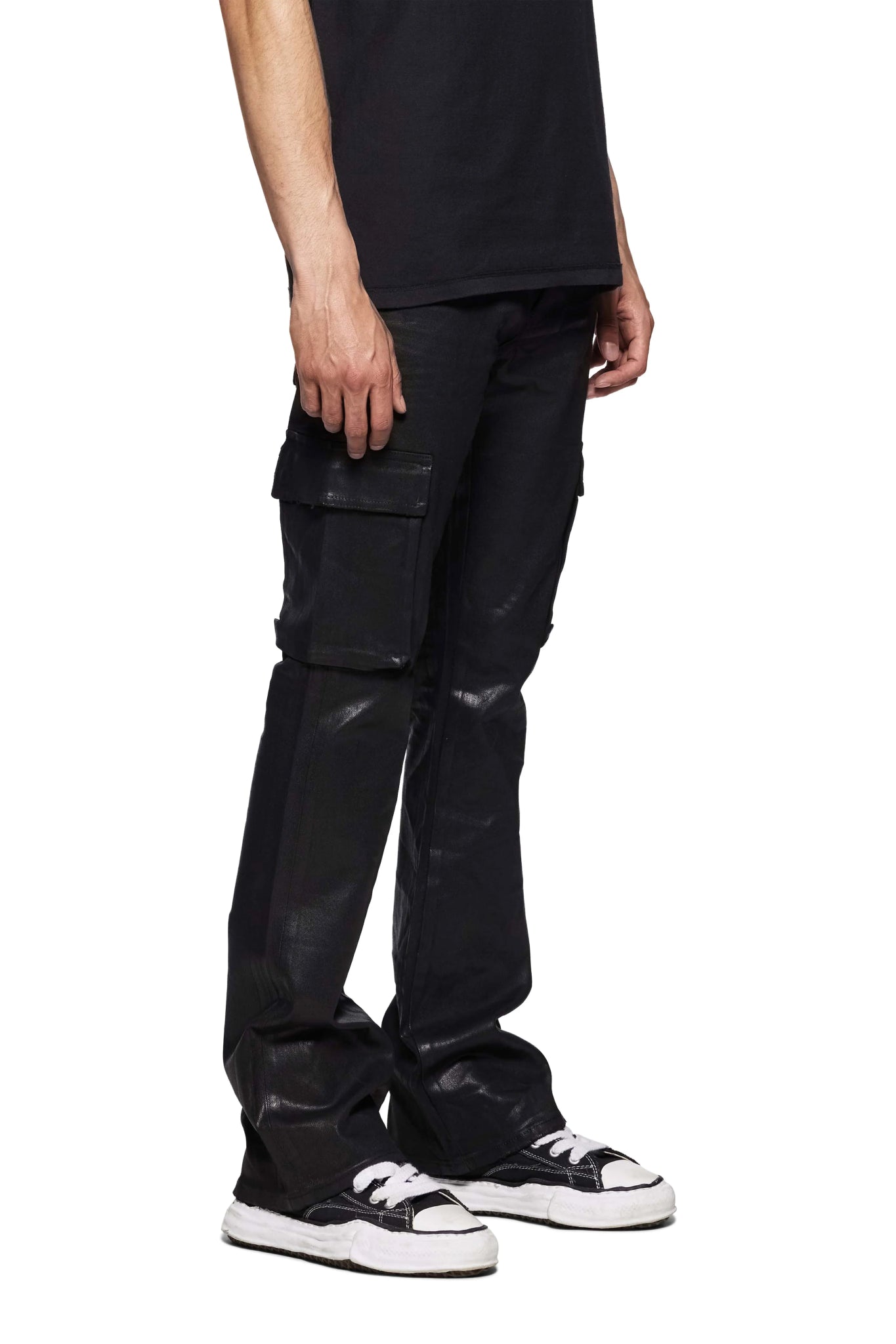 Purple Brand P004 CFVR Coated Cargo Pants Flare Leg Black - Stylish Streetwear for Men | Perfect for Urban Fashion & Casual Outings