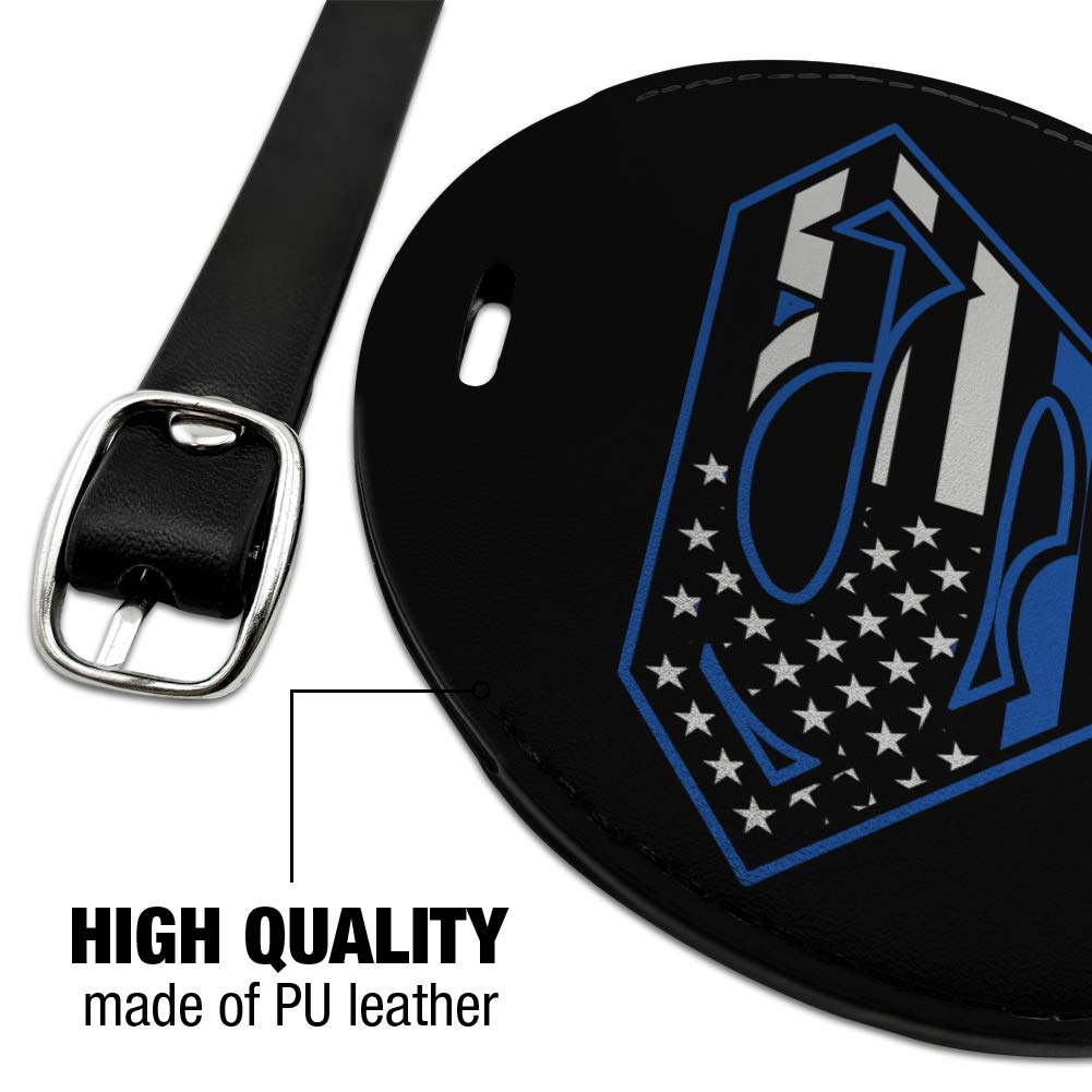 Superman Thin Blue Line Shield Logo Round Leather Luggage Tag - Durable ID Card Holder for Travel Bags, Suitcases & Backpacks - Perfect for Police Officers, First Responders & Patriotic Travelers