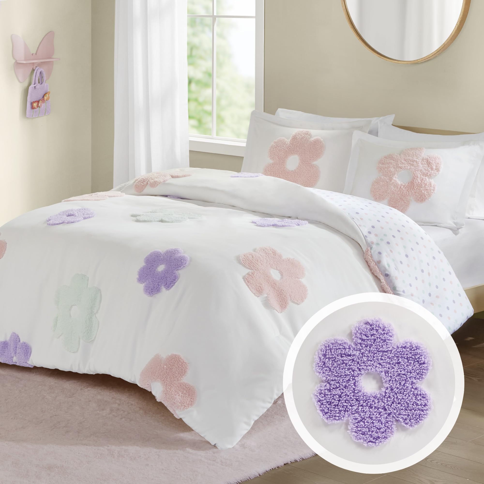Queen Size Duvet Cover Set for Girls - Tufted Chenille Floral Reversible Bedding with Polka Dot Design | Lightweight 4-Piece Set Includes Duvet Cover, Sham & Pillowcases | Perfect for Teen Bedrooms, Guest Rooms & Cozy Purple Themed Decor (Full/Queen, White & Purple)