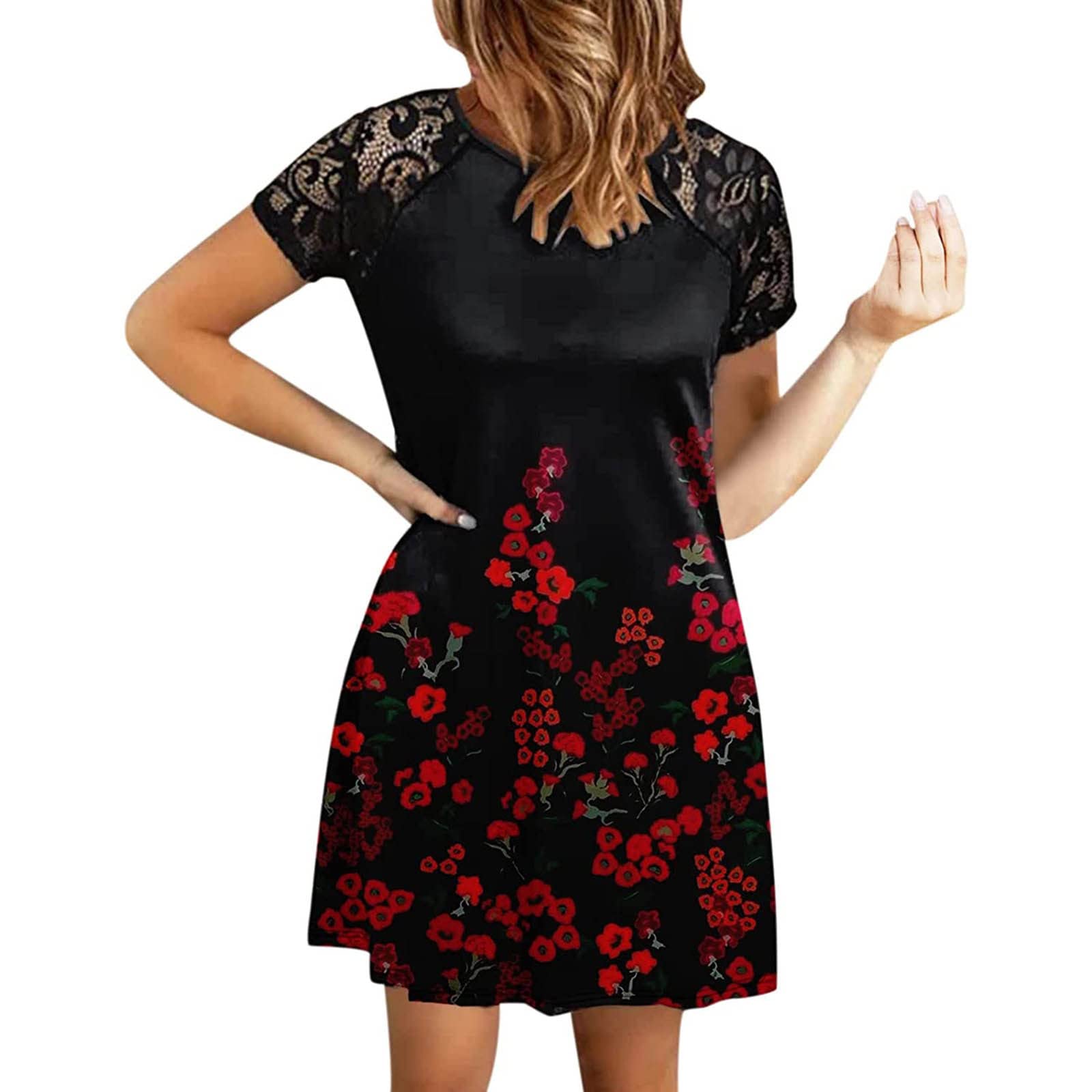 Women's Summer Lace Patchwork Short Sleeve Shift Dress - Floral Printed Sexy Casual Mini Dress for Beach, Party & Vacation | Lightweight Comfortable Sundress for Women