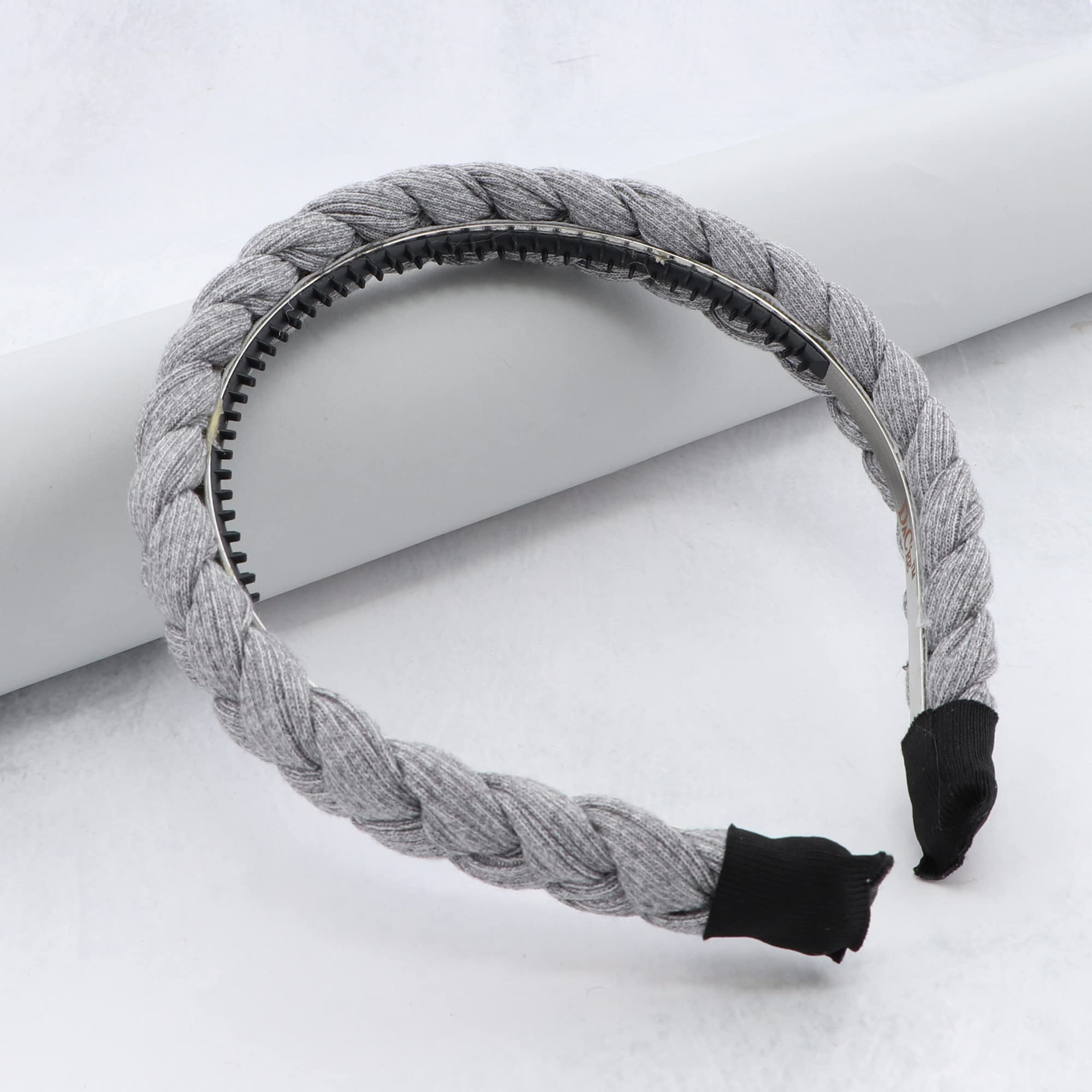 Motique 1/2 Inch Plait Braided Hard Headband - Light Grey Knit Hair Accessory for Women | Perfect for Workouts, Yoga & Everyday Style