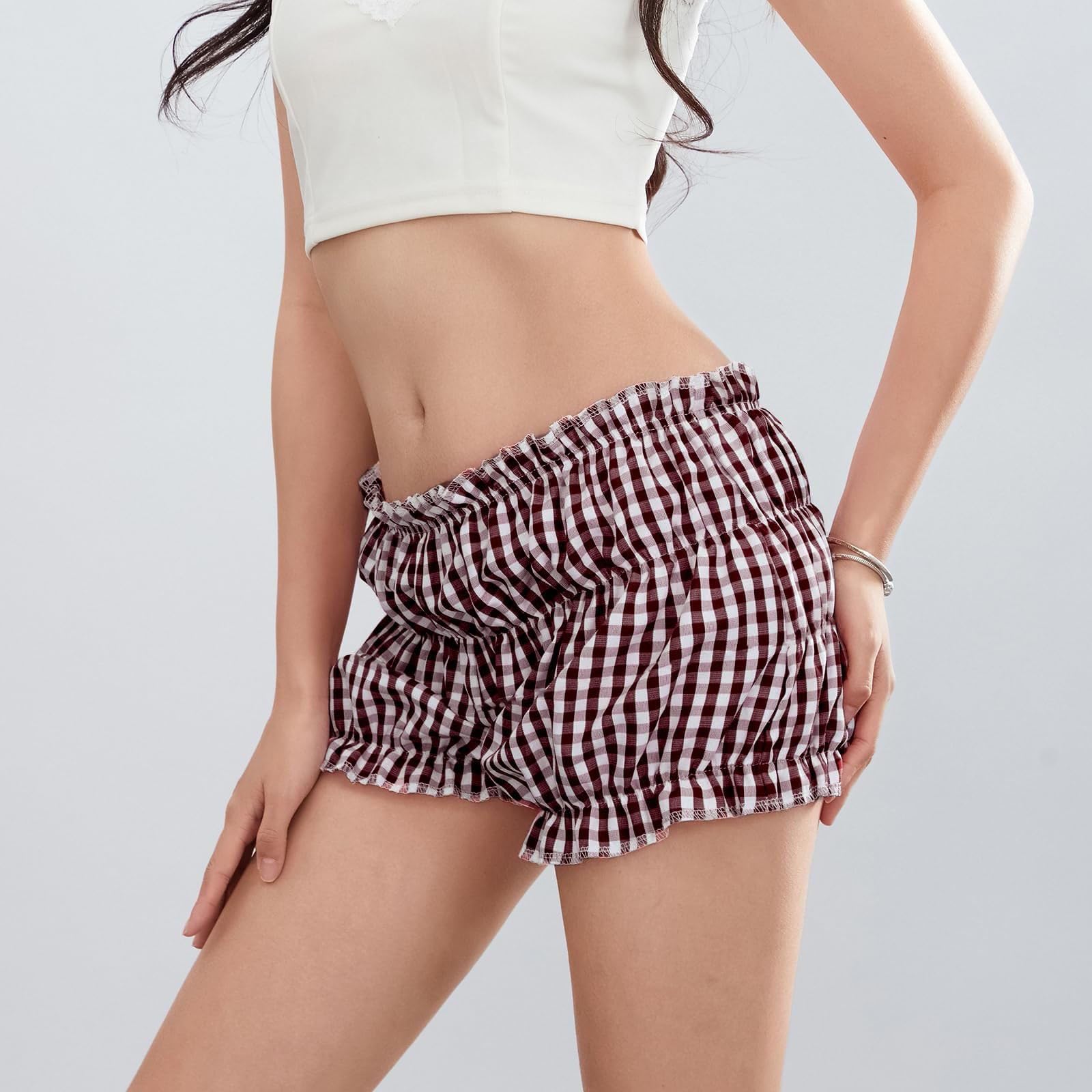 Y2K Gingham Shorts for Women - Ruched Ruffle Plaid Hot Shorts, Cute Sweet Lolita Layered Bottoms | Perfect for Pajamas, Underwear, Summer Outfits & Casual Wear