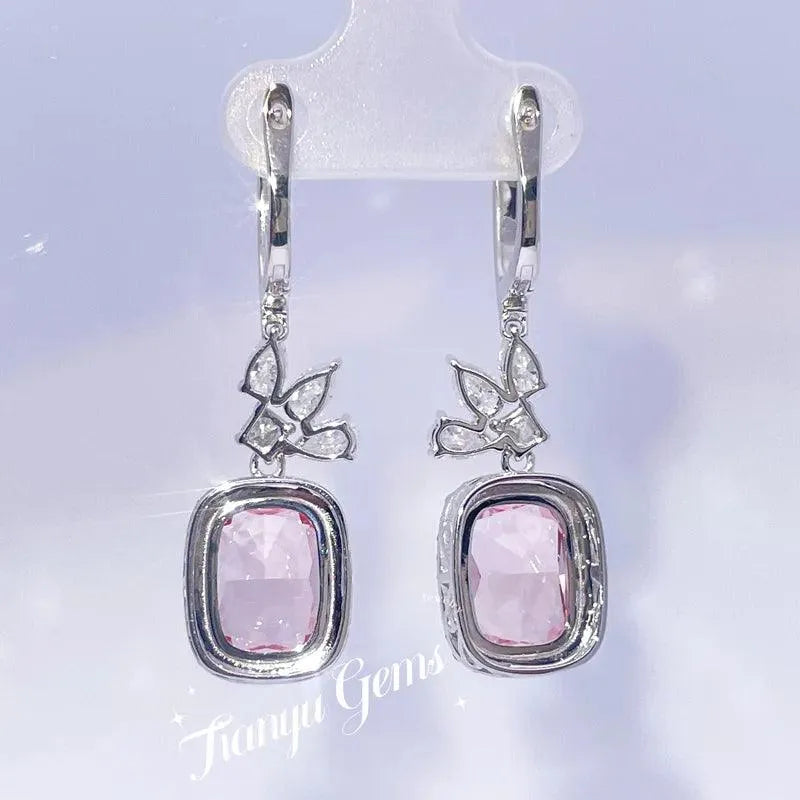 9x12mm Cushion Lab Pink Sapphire Drop Earrings for Women - 10K/14K White Gold with DEF Moissanite Diamonds | Elegant Wedding, Anniversary & Special Occasion Jewelry Gift