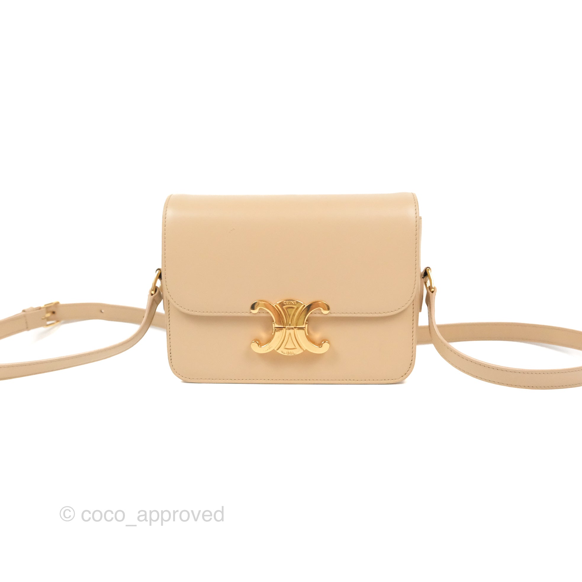Celine Teen Triomphe Bag in Shiny Calfskin - Light Beige Crossbody Purse for Women | Elegant Everyday Handbag for Work, Dating & Special Occasions