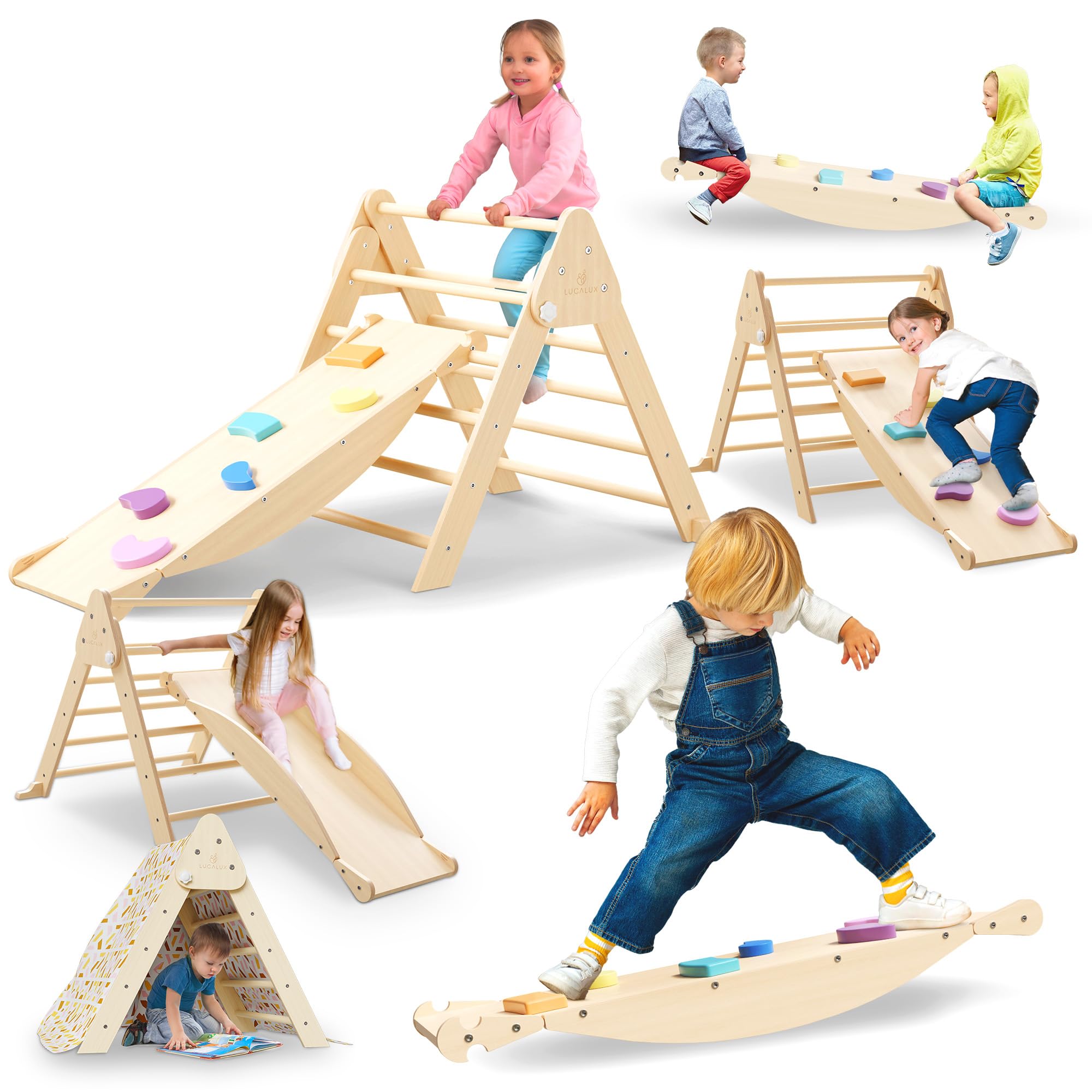 6-in-1 Montessori Toddler Climbing Set - Foldable Pikler Triangle Ladder & Reversible Baby Climber for Indoor Play - Safe Kids Climbing Toys for Toddlers Ages 1-3 - Perfect for Home Gym, Playroom & Montessori Learning Activities