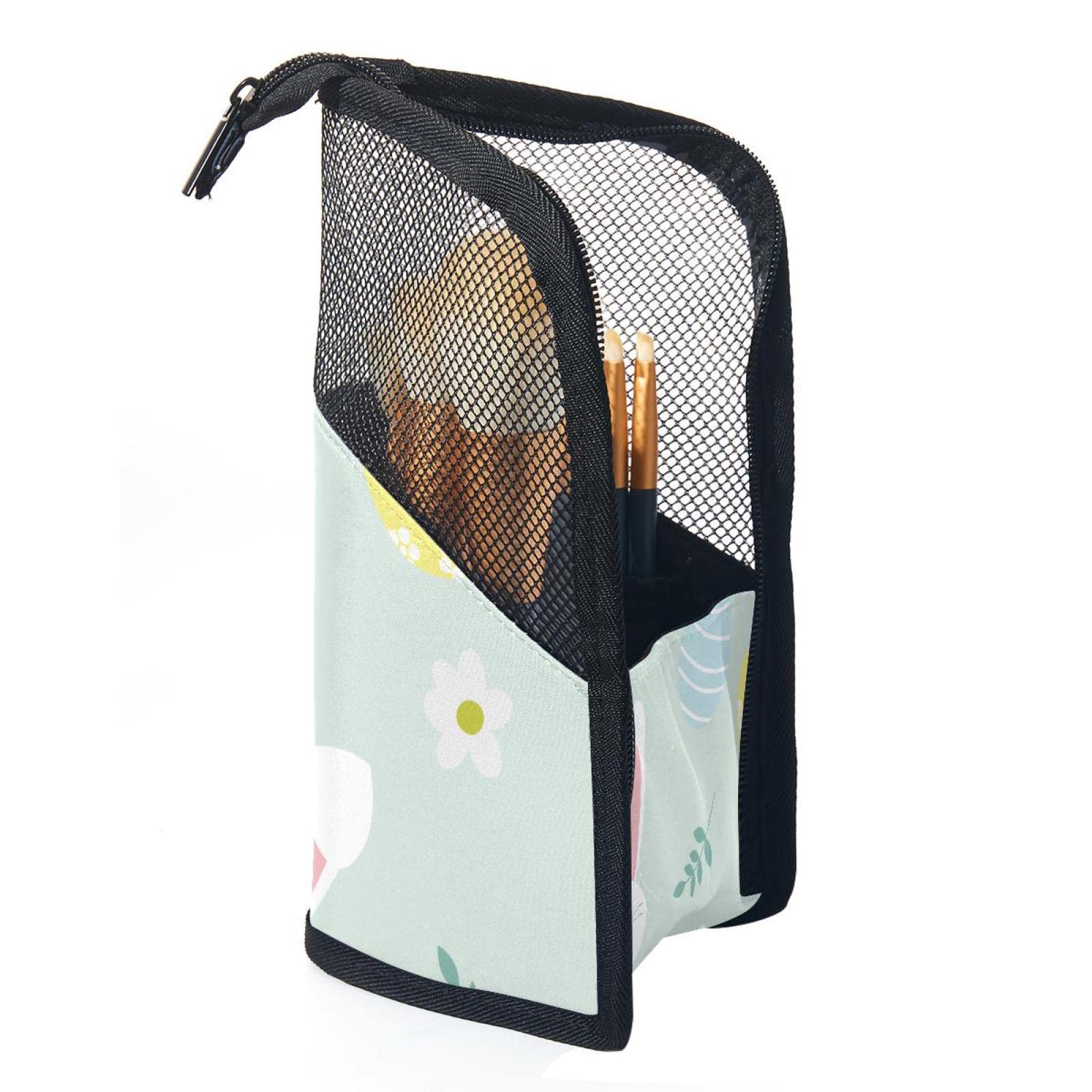 Professional Makeup Brush Holder Organizer with 12 Brushes - Portable Artist Storage Pouch & Rabbit Stand-up Cosmetic Cup for Women & Girls - Perfect for Travel, Home Vanity & Makeup Artist Kit Organization