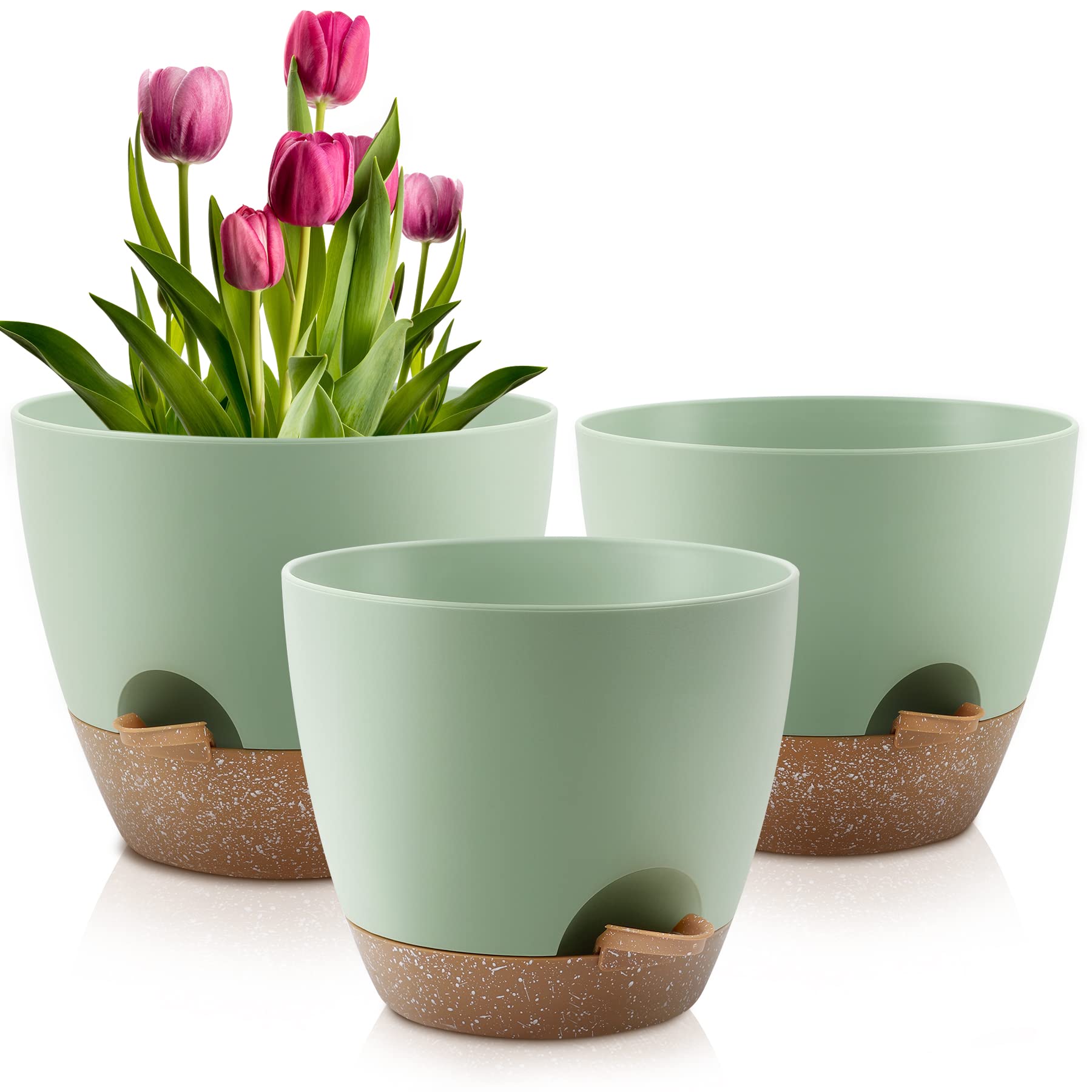 10/9/8 Inch Self Watering Plant Pots with Drainage Holes - Set of 3 Plastic Planters with Saucers for Indoor & Outdoor Plants - Perfect for Herbs, Succulents, Flowers and Home Garden Decor (Green)