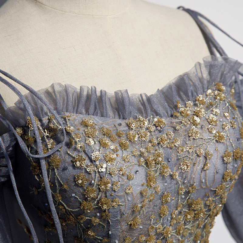 Gold Sequin Off Shoulder A-Line Tulle Prom Dress for Evening Party & Formal Events - Elegant Gown for Homecoming, Wedding, Quinceañera & Special Occasions