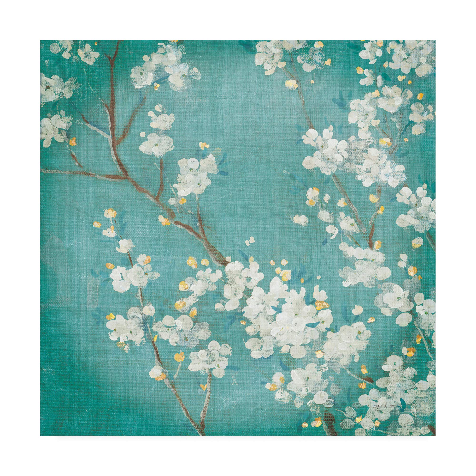 Danhui NAI White Cherry Blossoms II on Blue Aged Canvas Art Print - 35x35 Inch Modern Floral Wall Decor for Living Room, Bedroom & Office | Trademark Fine Art Collection