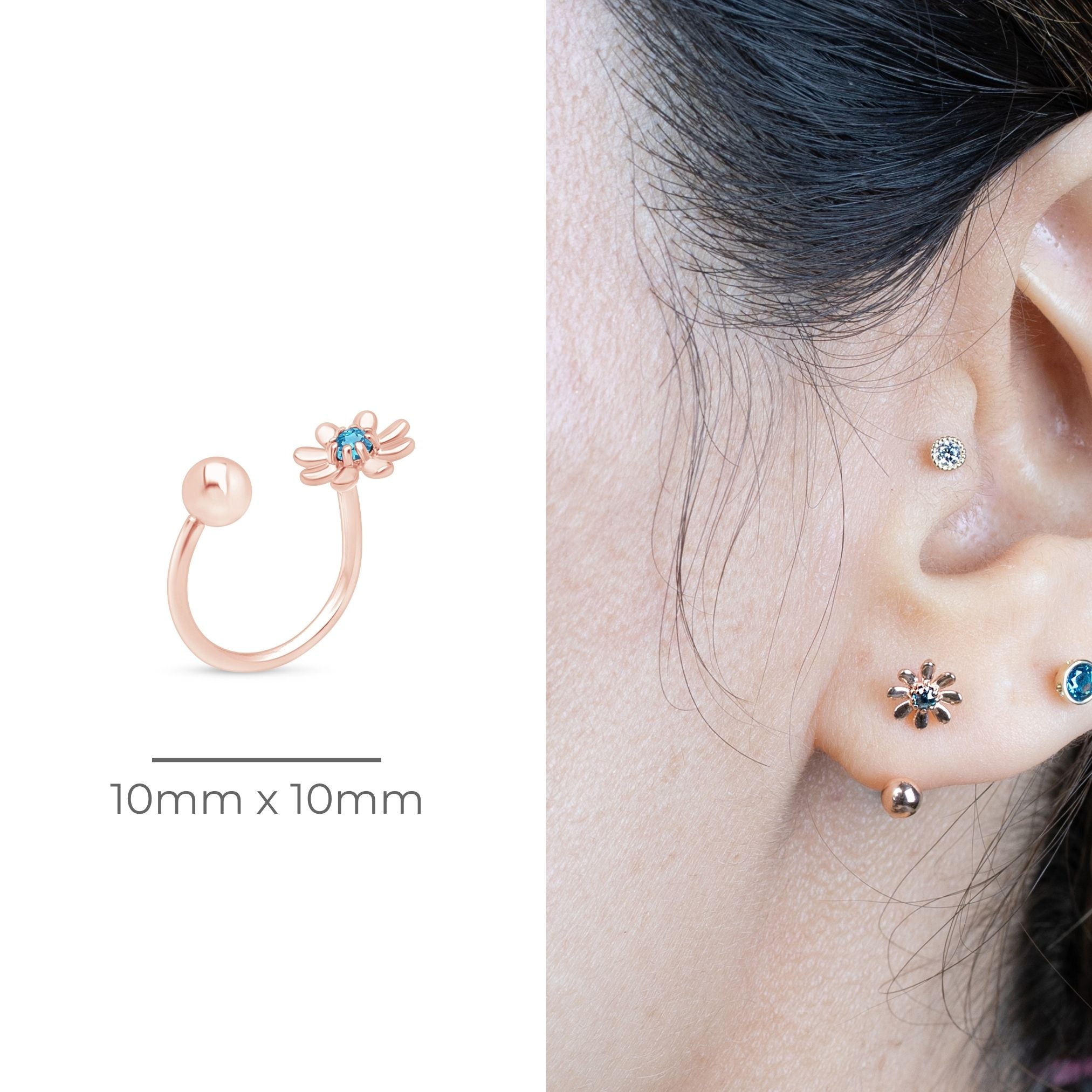 14k Rose Gold Reversible Huggie Hoop Earrings - Blue Diamond Flower & Ball Design | Perfect for Everyday Wear, Date Nights & Special Occasions