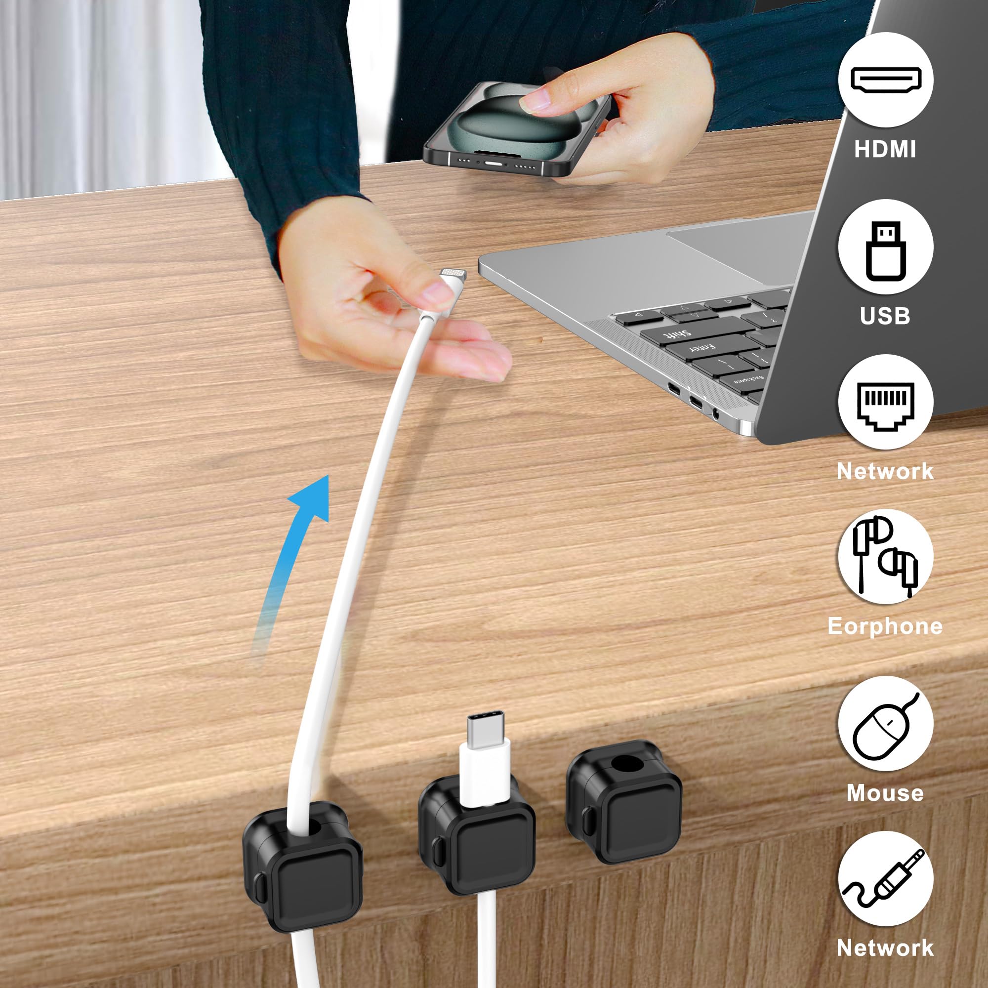 Magnetic Cable Clips 6 Pack - Strong Adhesive Cord Organizer for Desk, Wall & Car - Perfect for Cable Management in Bedroom, Living Room, Kitchen & Office - Keep Wires Neat & Tangle-Free