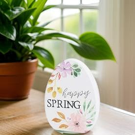 Collins Painting Egg-Shaped Wooden Shelf Sitter - Happy Spring Decorative Shelf Decor for Home, Easter, Spring Season | Perfect for Living Room, Bedroom, Kitchen Decor & Easter Gift Ideas