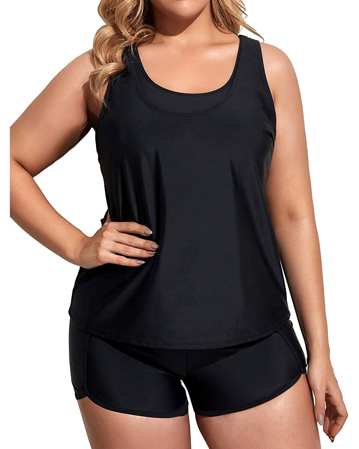Holipick Women's Plus Size 3-Piece Tankini Swimsuits - Tummy Control Bathing Suit with Boy Shorts & Sports Bra Top | Comfortable Swimwear for Beach, Pool & Vacation
