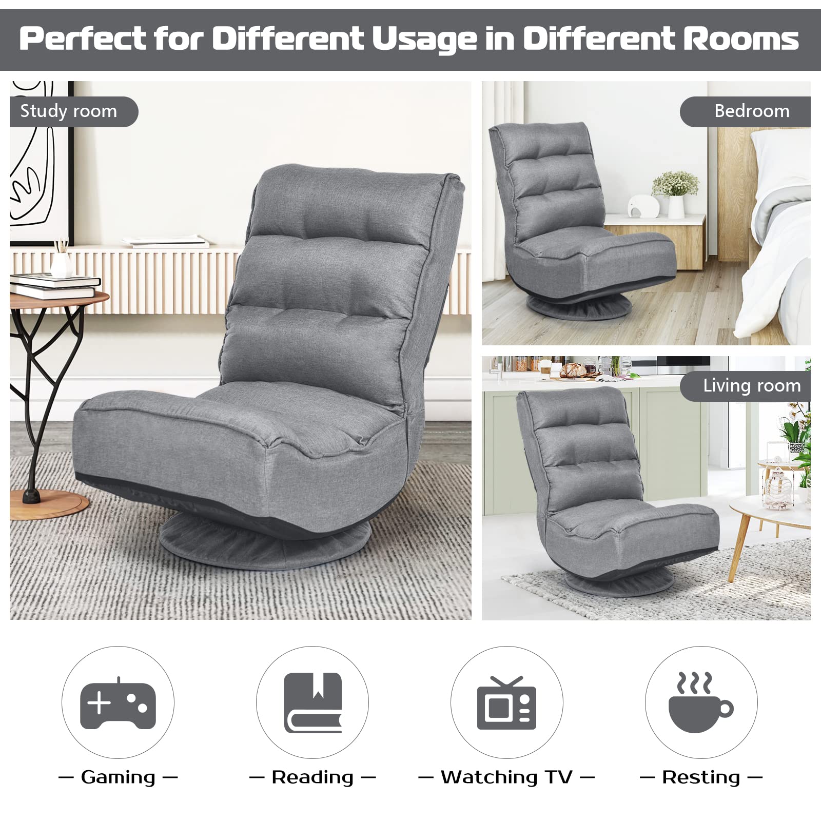 COSTWAY Adjustable 5-Position Folding Floor Chair with 360° Swivel - Ergonomic Gaming & Lounge Chair with Removable Cover & Padded Backrest - Perfect for Living Room, TV Watching, Reading & Video Games (Grey)