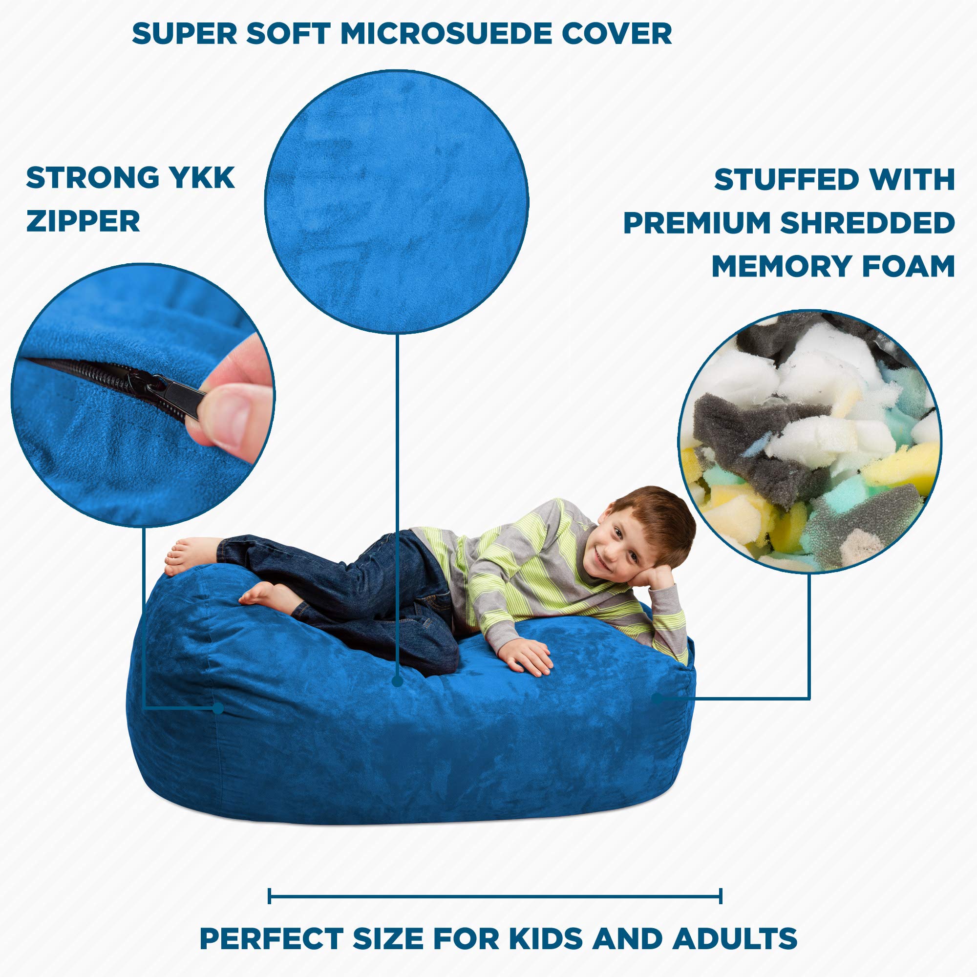 Chill Sack Kids Memory Foam Bean Bag Chair - Ultra Soft Royal Blue Lounger for Boys & Girls - Perfect for Bedroom, Playroom & Game Room Relaxation