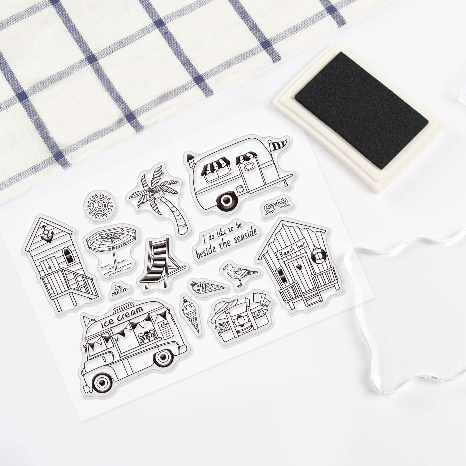GLOBLELAND Clear Silicone Stamps - Ice Cream Cart & Beach Summer Designs for DIY Scrapbooking, Card Making, Photo Albums | Perfect for Birthday Cards, Valentine's Day Crafts, and Paper Decoration Projects | Use for Handmade Greetings, Memory Books, and Creative Journaling