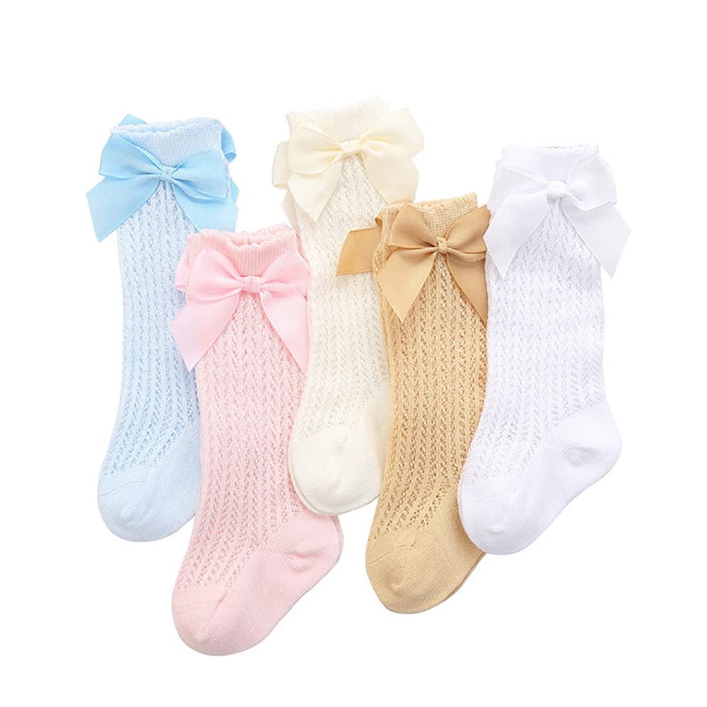5 Pack Spanish Baby Girls Bow Knee High Socks - Mesh Cotton Newborn Toddler Long Stockings for Dress Up, Photo Shoots & Special Occasions