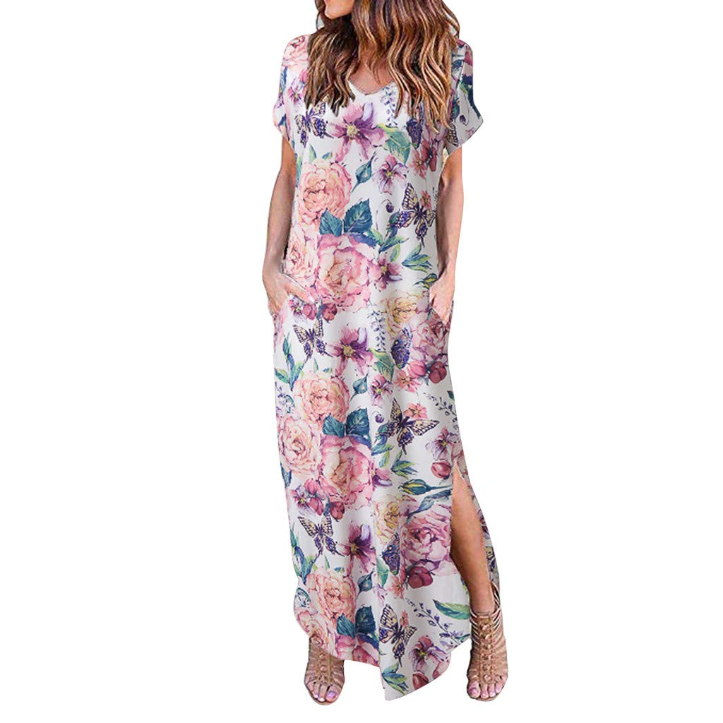 Plus Size Maxi Dresses for Women - Casual Summer Floral Print Long Dress with Pockets & Short Sleeve | Perfect for Beach Vacation, Date Night & Outdoor Events
