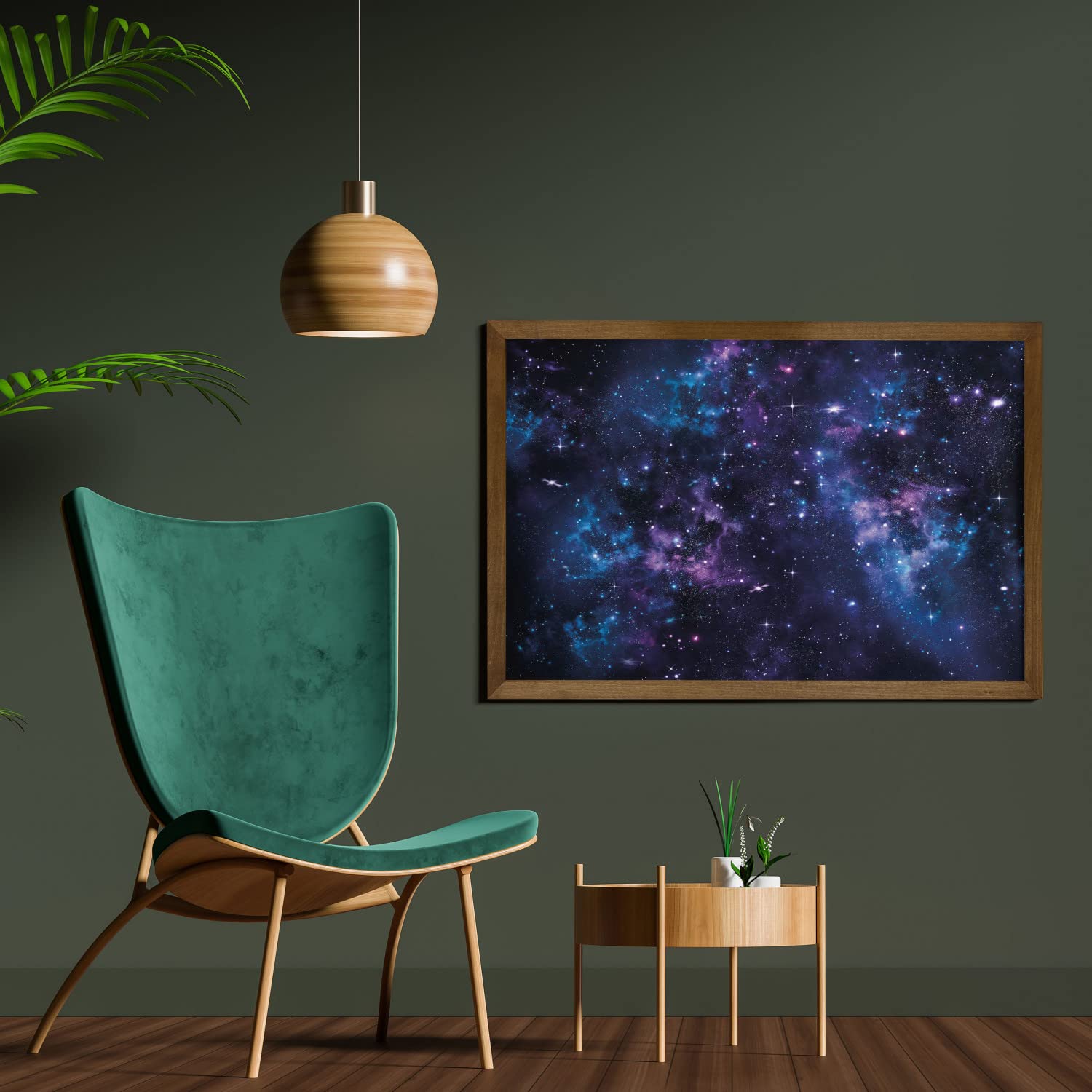 Ambesonne Space Wall Art - Framed Galaxy & Nebula Celestial Decor with Teak Wood Frame, 35