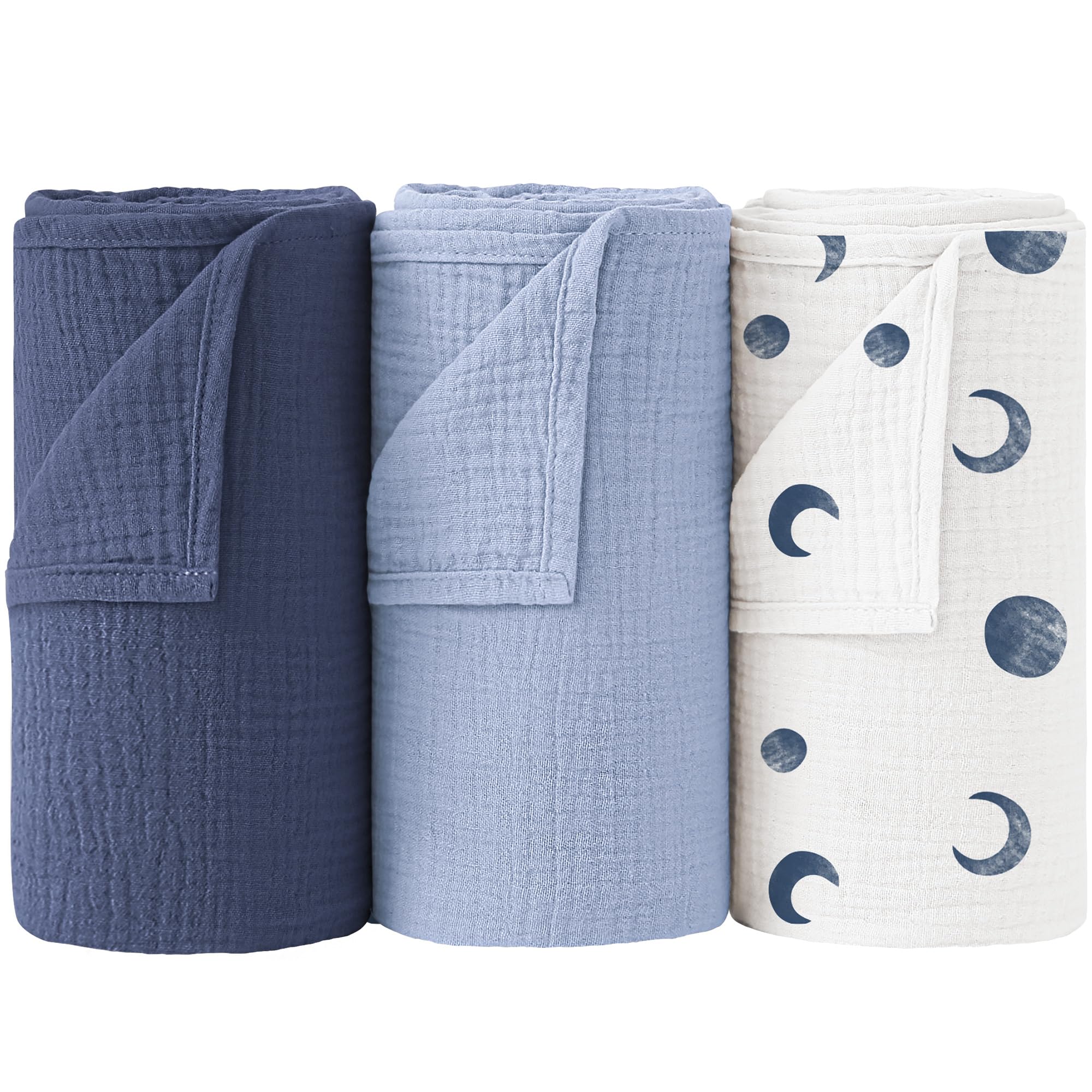 **Bearmoss Muslin Swaddle Blankets - 100% Organic Cotton Baby Swaddle Blankets 47x47 Inches, Ultra Soft Receiving Blankets for Newborns, Infants, Boys & Girls (Blue Moon) - Perfect for Swaddling, Nursing, Stroller & Photo Shoots**