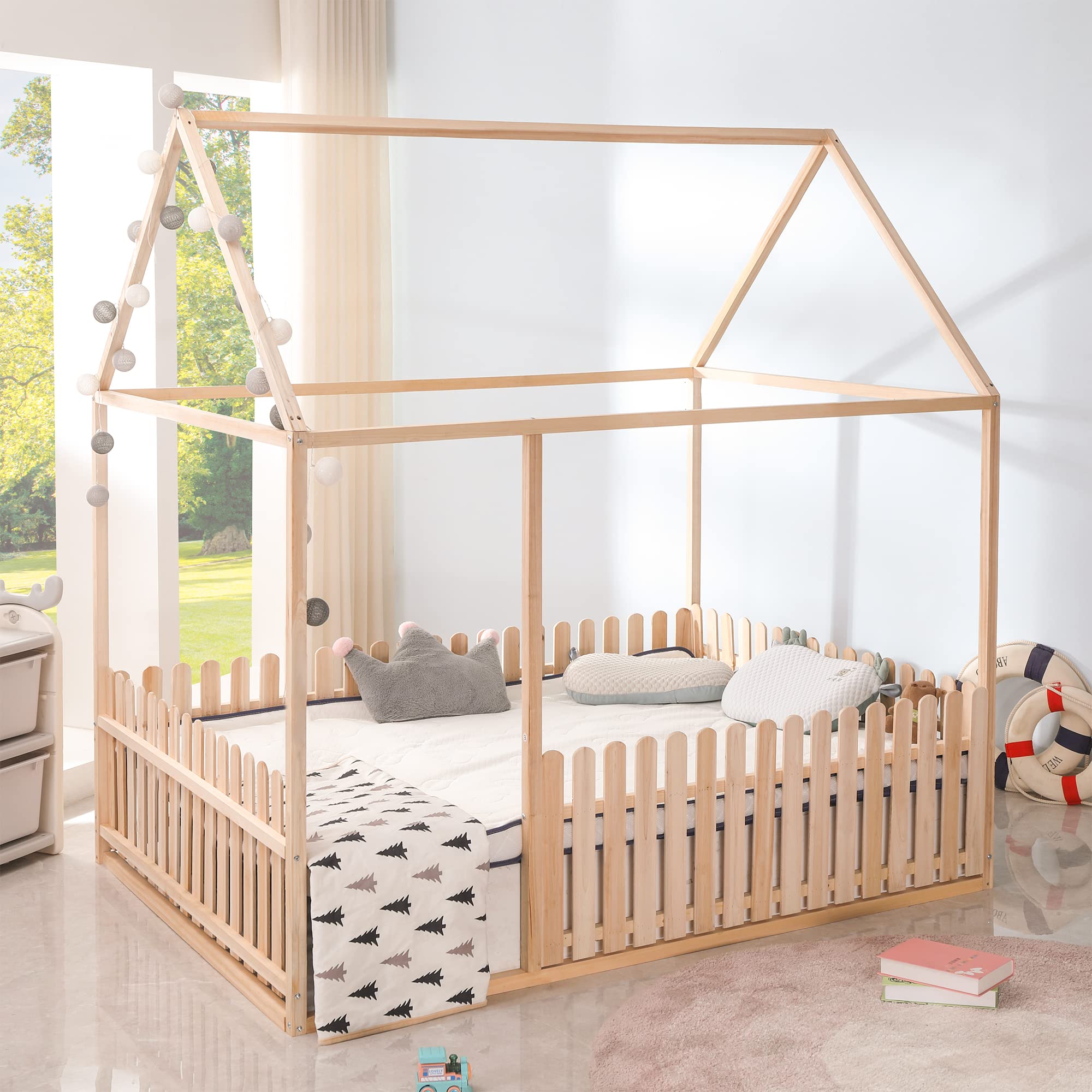 **Full Size Wooden House Bed Frame with Roof & Fence - Kids & Teens Floor Bed for Boys & Girls (Natural Wood Finish) - Perfect for Bedrooms, Playrooms & Sleepovers**