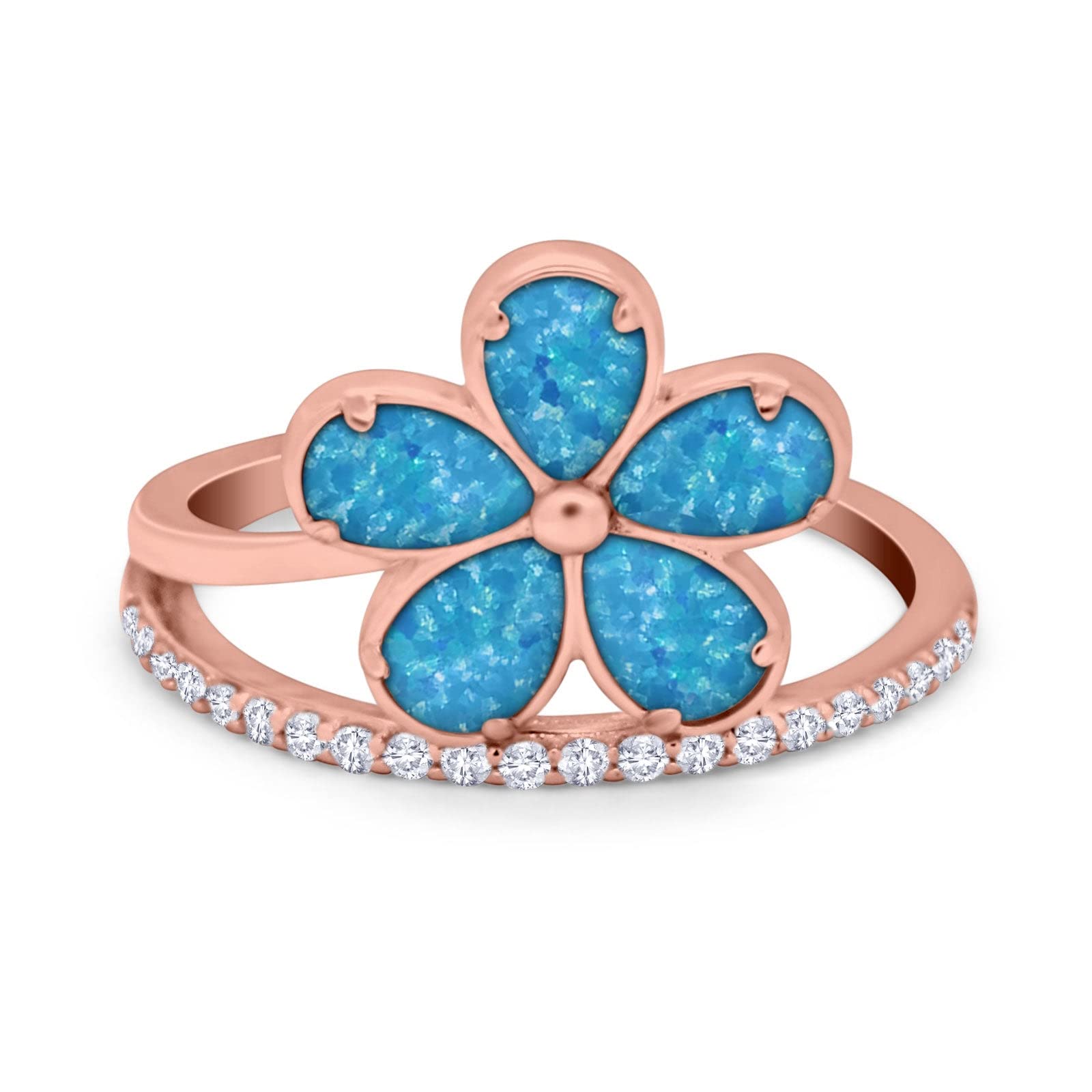 Blue Apple Co. 925 Sterling Silver Plumeria Flower Ring with Teardrop Simulated Opal & Round Cubic Zirconia - Elegant Hawaiian Style Jewelry for Women, Perfect for Beach Weddings, Vacations & Summer Fashion