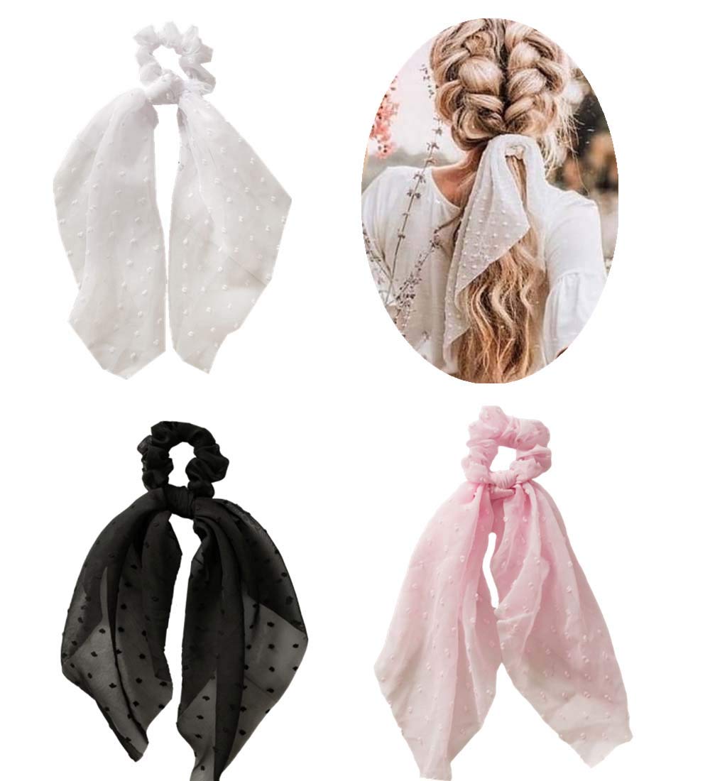 SCRMROIA 3 Pack Polka Dot Daisy Flower Hair Scarf Scrunchies - Satin Silk Long Tail Bowknot Hair Bands, Elastic Ponytail Holders for Women & Girls | Perfect for School, Work, Parties & Everyday Styling (Style 1)