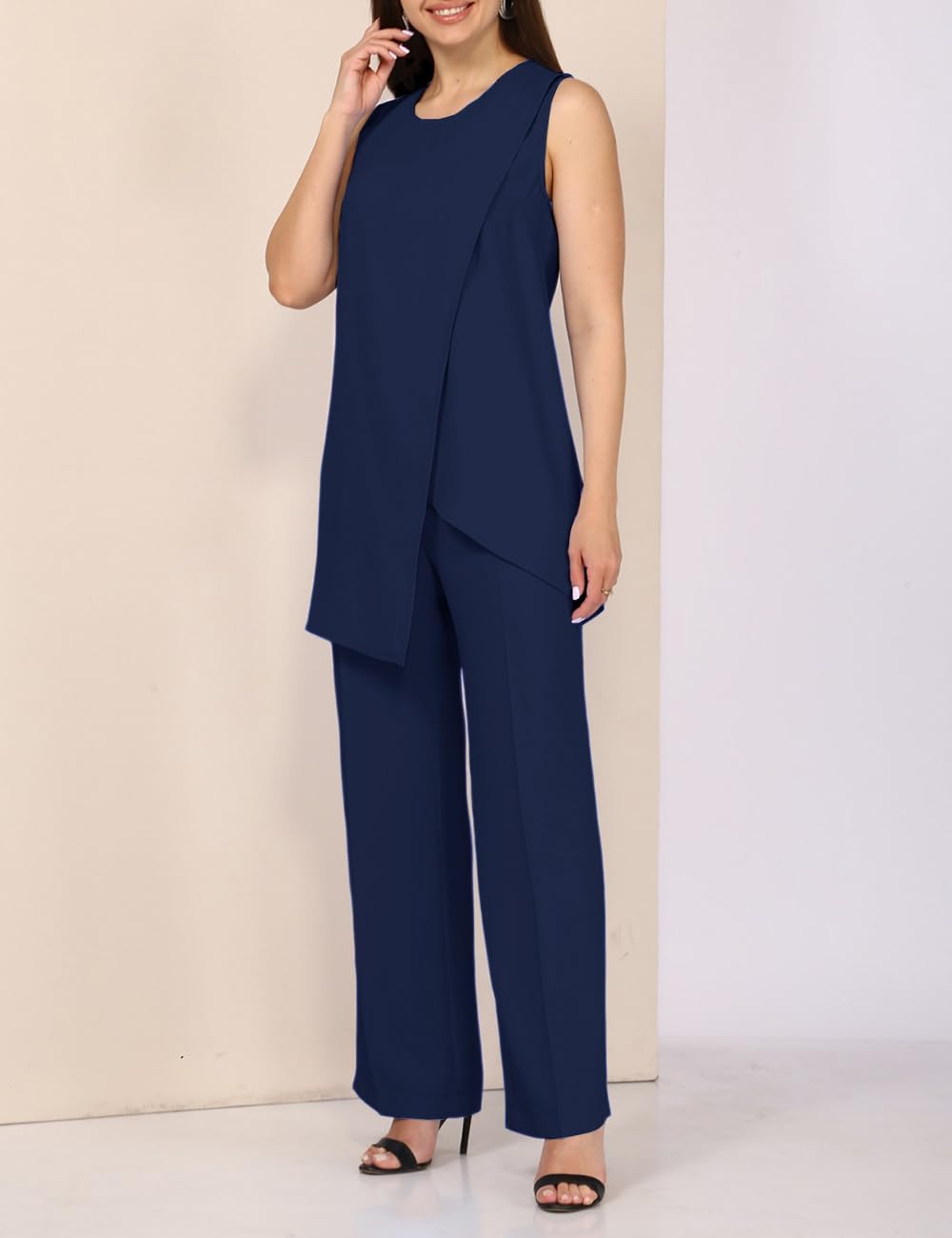 Elegant Women's 2-Piece Pantsuit Set - Sleeveless Top with Straight Leg Pants for Mother of Bride, Wedding Guest & Formal Occasions | Navy Blue Dressy Outfit for Weddings, Parties & Special Events