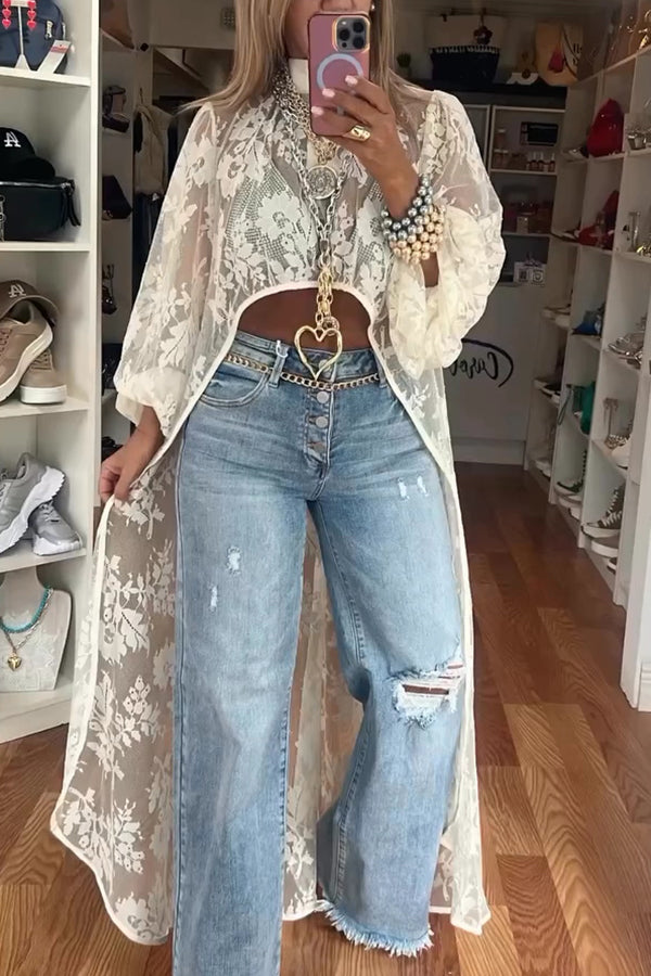Tanya Lace Pattern Mock Neck Balloon Sleeve High-Low Maxi Top Women's Fashion Blouse | Elegant Lace Design for Parties, Weddings & Special Occasions