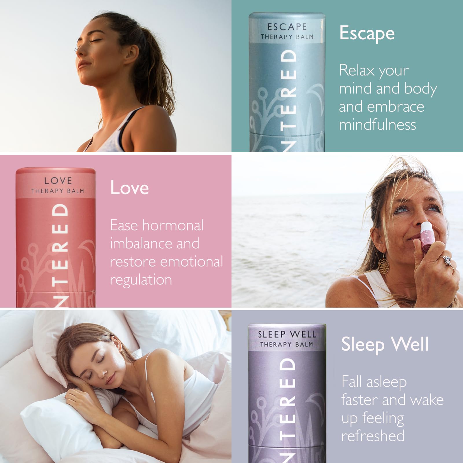 Scentered Aromatherapy Balm Gift Set - 3 Pack Essential Oil Balms for Sleep, Stress Relief & Love (Lavender, Cedarwood, Ylang Ylang) - Relaxing Self Care Gifts for Women - Perfect for Bedtime, Travel & Meditation