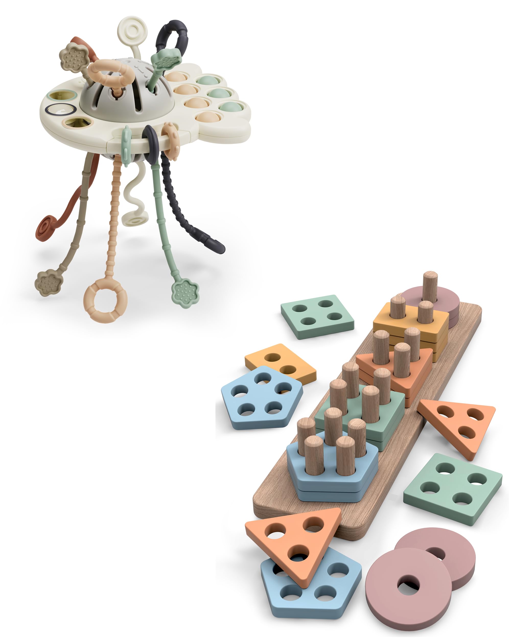 Montessori Wooden Sorting & Stacking Toys with Silicone Pull String - Educational Toddler Toys for 18+ Months | Early Learning, Fine Motor Skills Development, Sensory Play for Babies & Kids