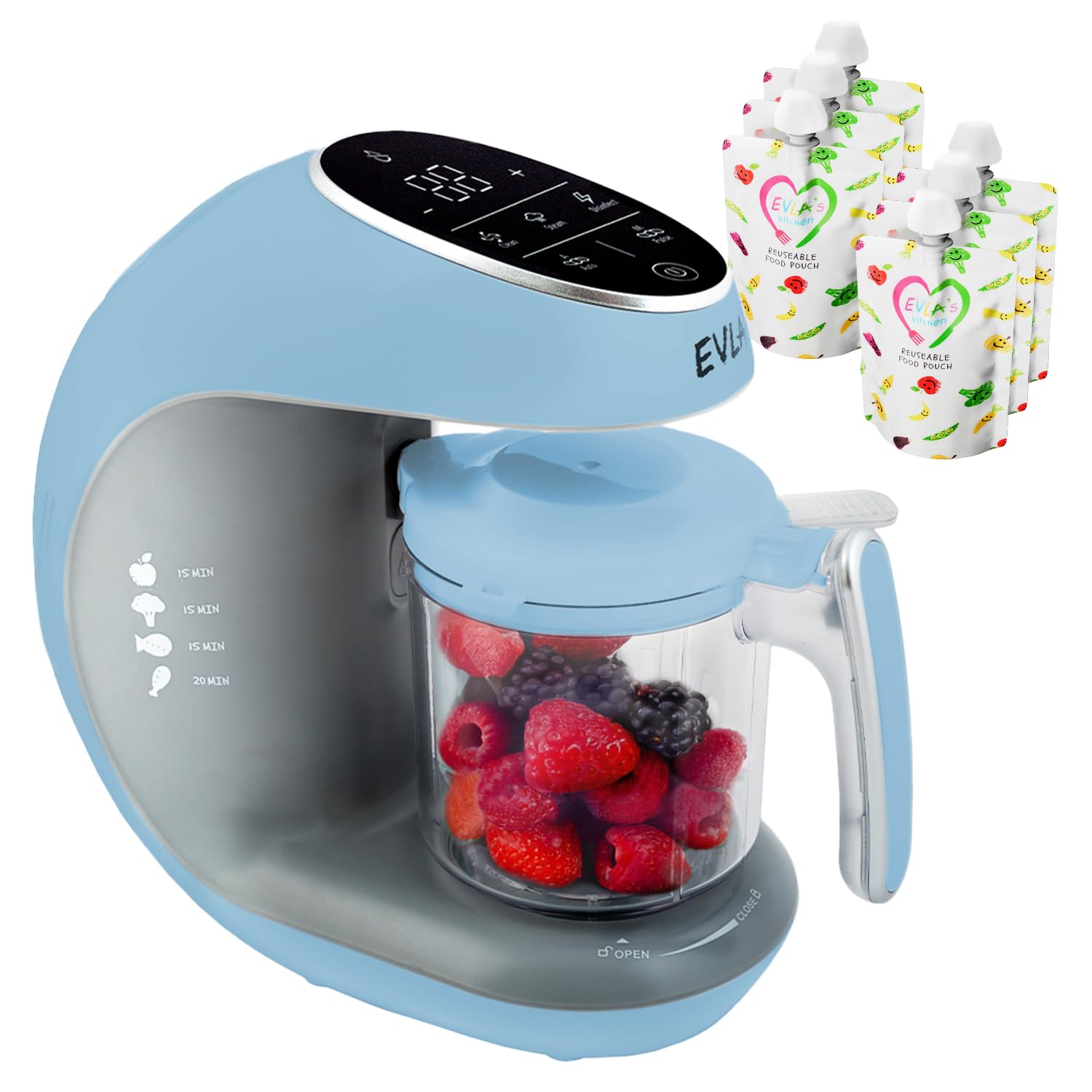 EVLA'S Baby Food Maker & Steamer Blender - 6-in-1 Baby Food Processor for Healthy Homemade Purees | Touch Screen Control with 6 Reusable Food Pouches | Perfect Baby Shower Gift & Registry Essential (Blue) | Ideal for Making Organic Baby Food at Home, Travel & Daycare Meals