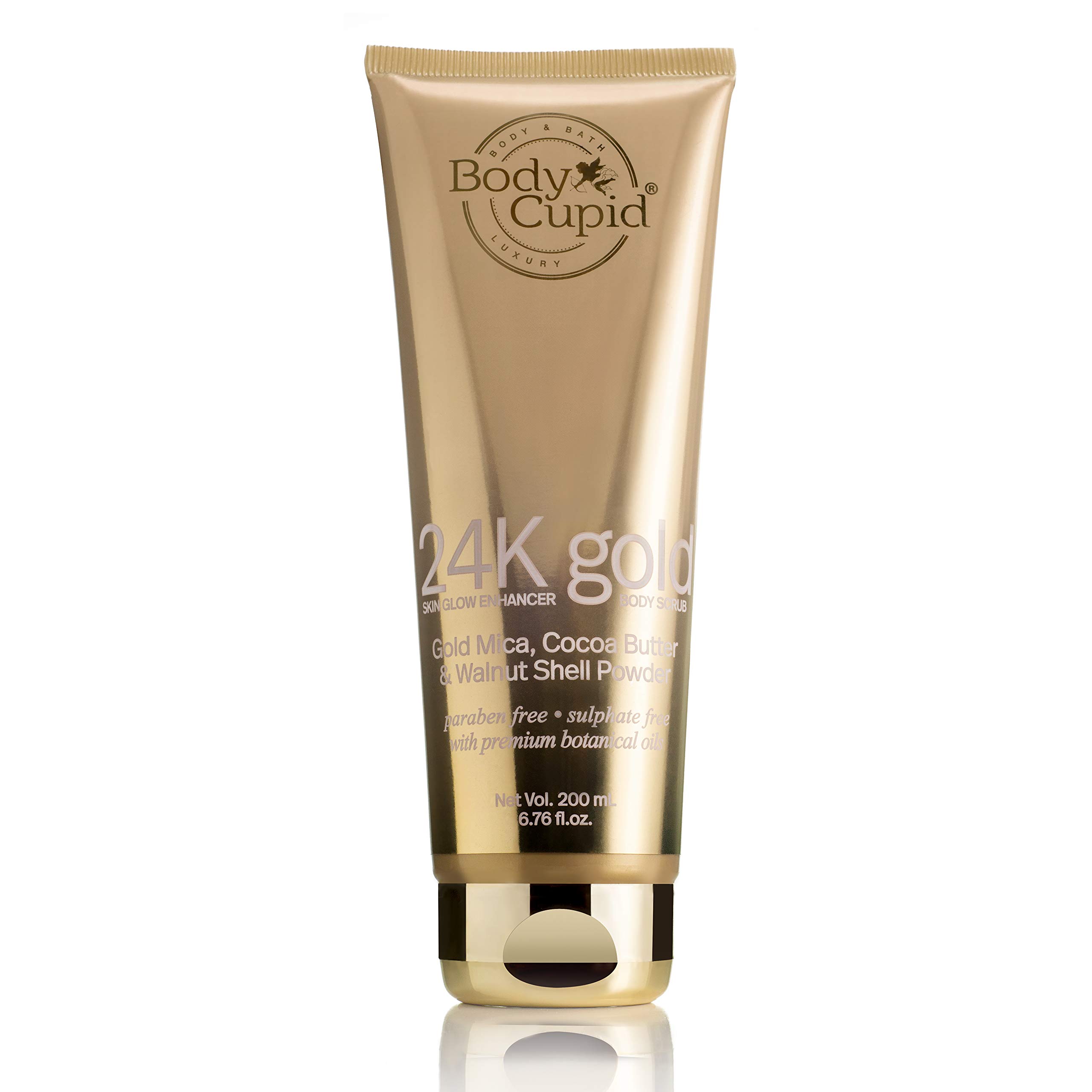 24K Gold Face & Body Scrub with Gold Mica Powder - Skin Brightening Exfoliator with Cocoa Butter & Walnut Shell - 200ml for Radiant Glow - Perfect for Spa Day & At-Home Skincare Routine