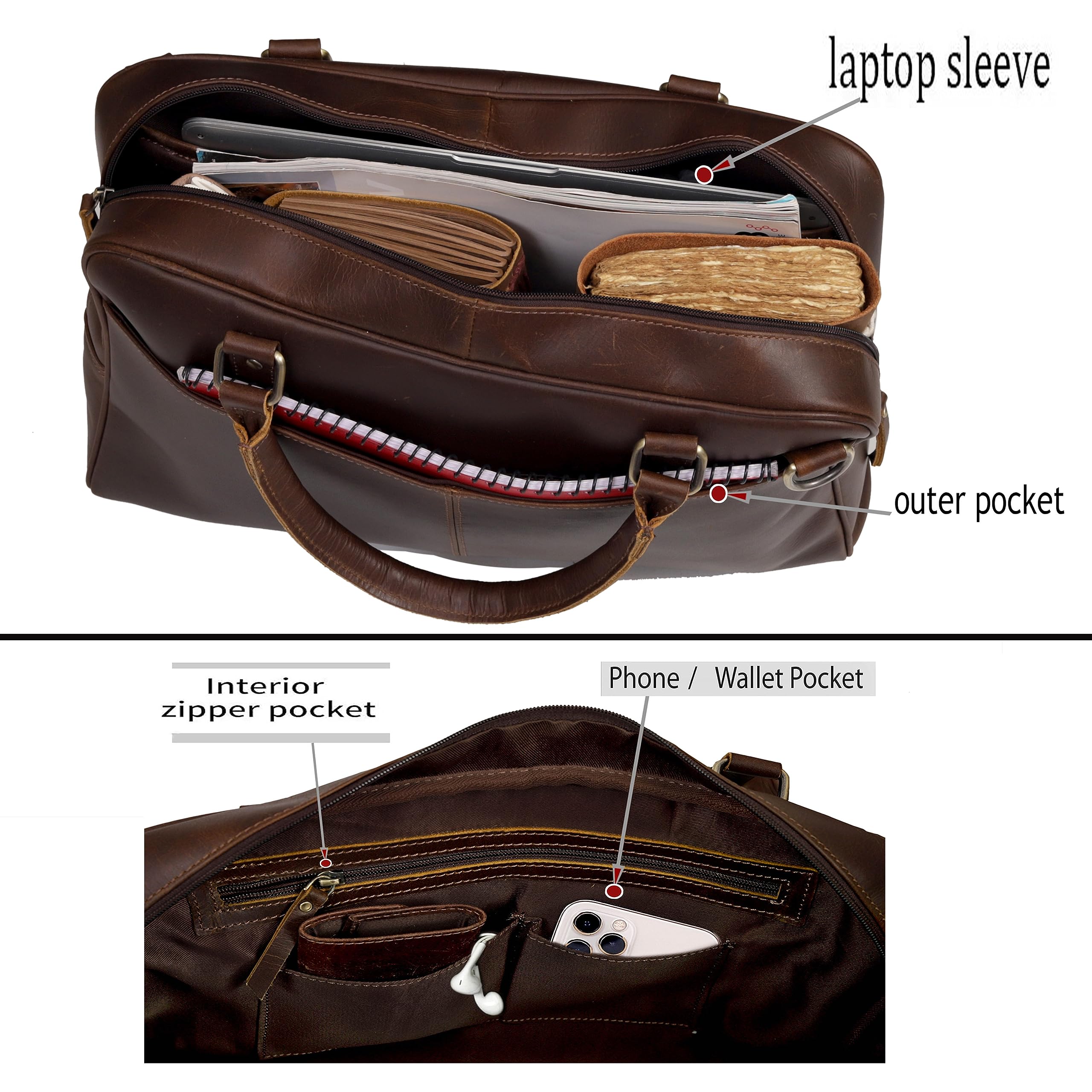 Premium Full Grain Cow Leather Briefcase for Men & Women - Handcrafted Laptop Bag with Multiple Compartments & Brass Hardware - Business Travel & Office Work Accessory
