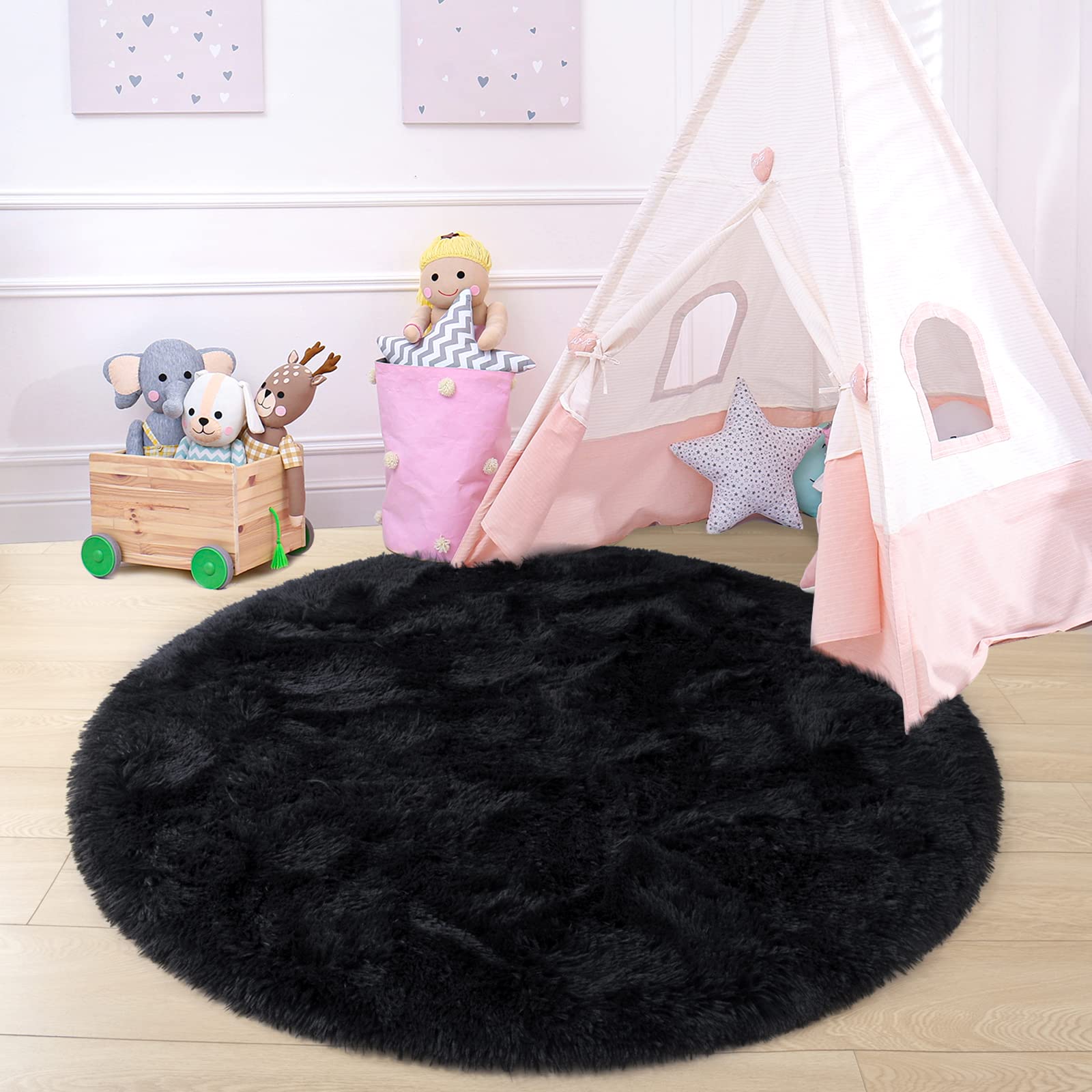 **Junovo 5x5 Feet Round Fluffy Soft Area Rug - Plush Shaggy Carpet for Kids Room, Nursery, Girls Bedroom & Home Decor | Princess Castle Design, Cute Circle Rug for Playroom, Baby Room & Cozy Spaces (Black)**