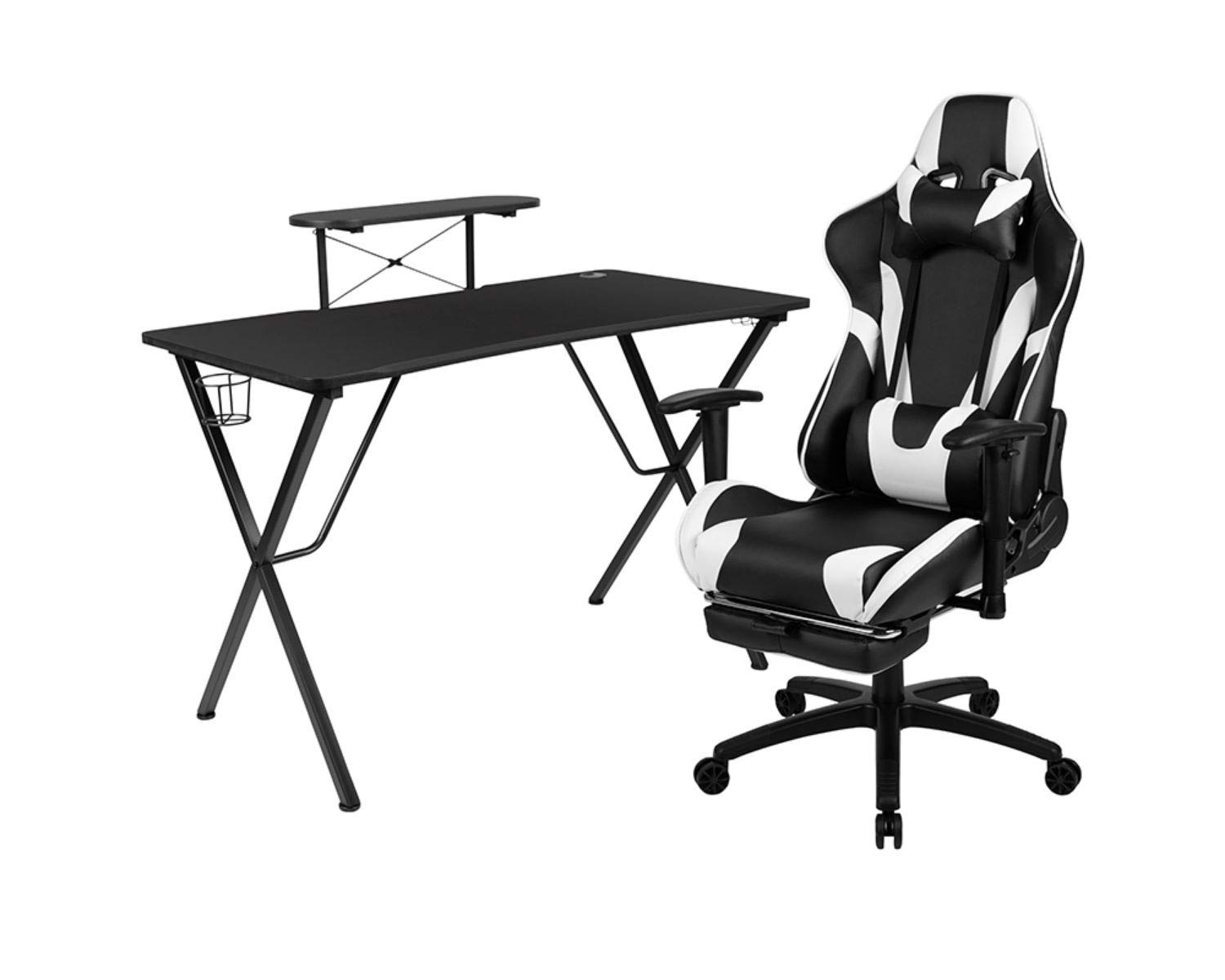 Flash Furniture Optis Black Gaming Desk & Chair Set with Cup Holder, Headrest, and Monitor Stand - Ergonomic Gaming Station for PC, Console & Streaming Setup