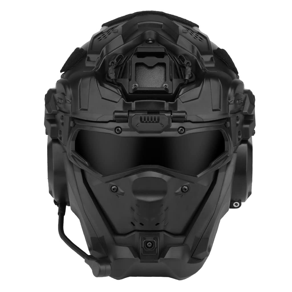 Multicam Tactical Helmet with Full Face Mask - Built-in HD Headset & Anti-Fog Fan - Adjustable Military Airsoft Paintball Gear for Outdoor Combat Training & Tactical Games