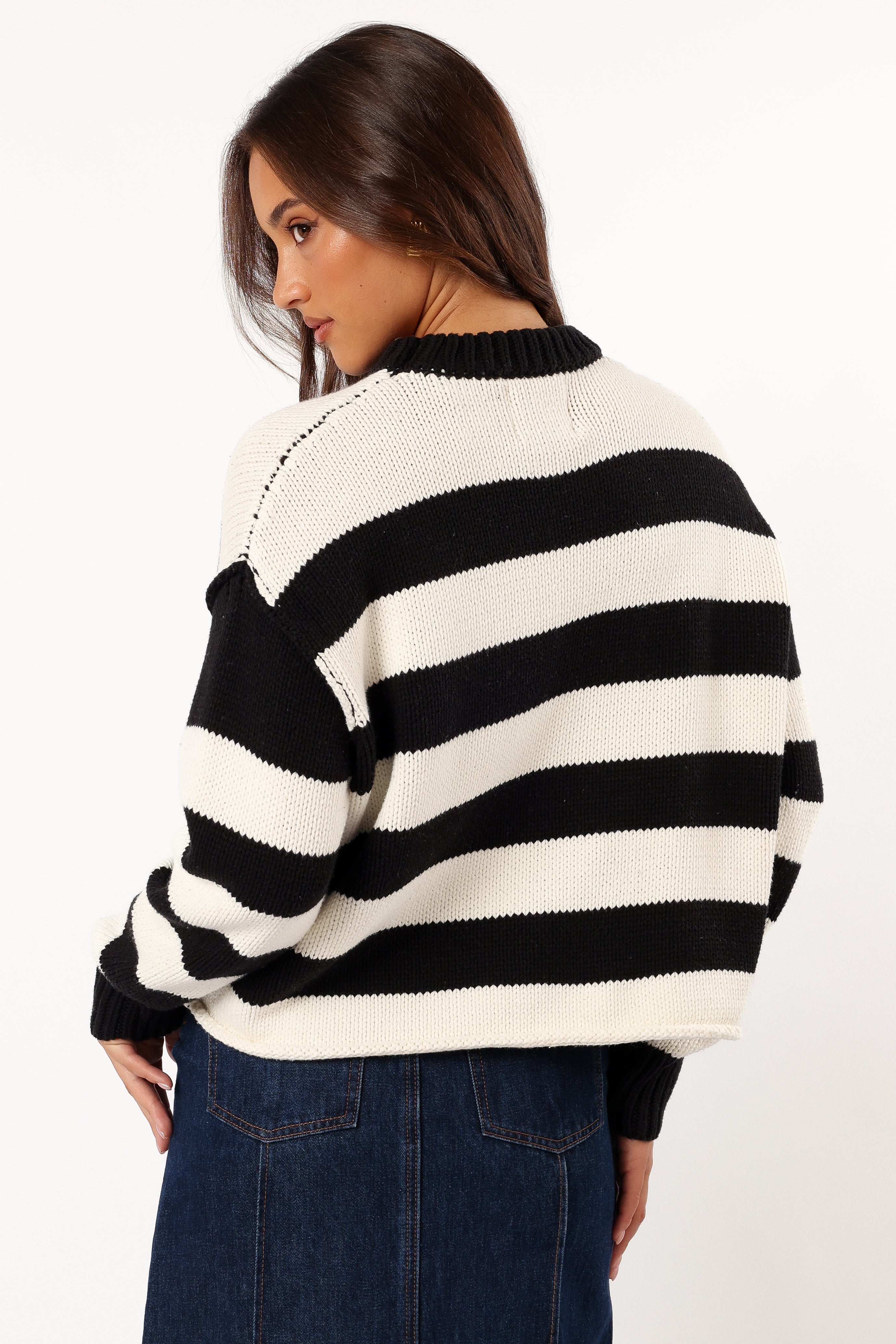 Gretchen Stripe Crewneck Knit Sweater for Women - Soft Black Cotton Pullover | Casual Fall Winter Wear, Office Outfit, Weekend Style
