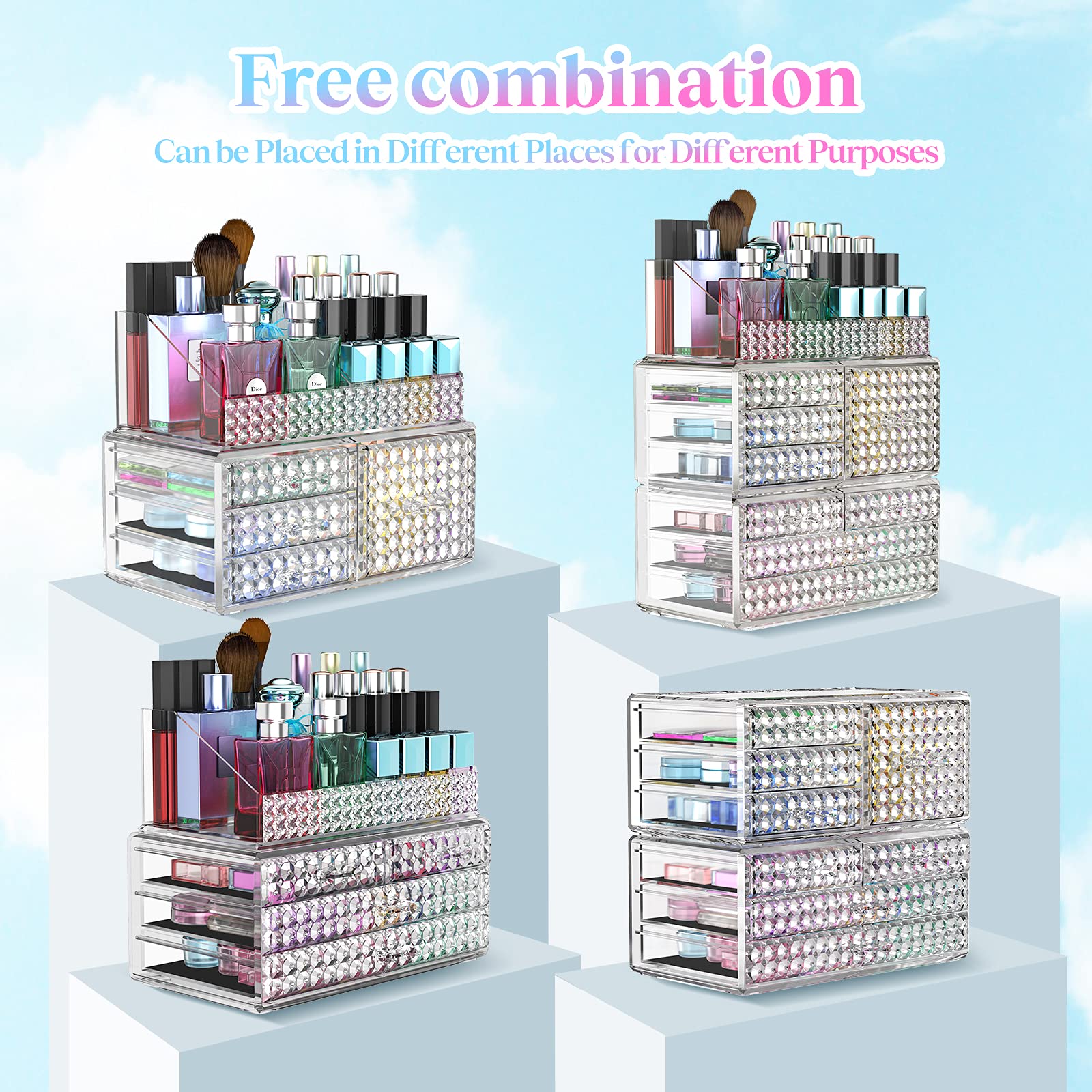 3 Pack Stackable Acrylic Makeup Organizer with 8 Drawers - Upgraded Cosmetic Storage Case for Brushes, Perfume & Jewelry Display - Perfect for Vanity, Bathroom Countertop & Bedroom Organization (Plus Size)