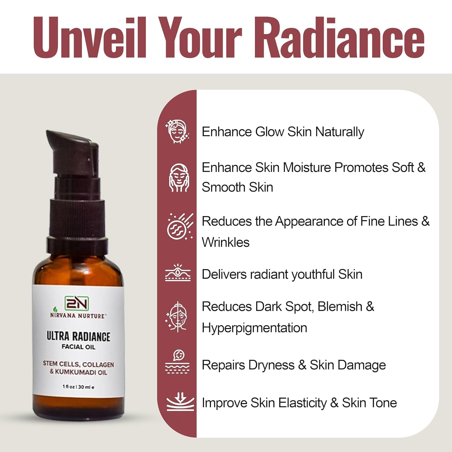 Ultra Radiance Glow Face Oil with Gotu Kola Stem Cells & Collagen - Deep Nourishing & Firming Facial Treatment with Kumkumadi Oil, Saffron, Turmeric & Lotus Extract - Perfect for Nighttime Skincare & Anti-Aging Routine